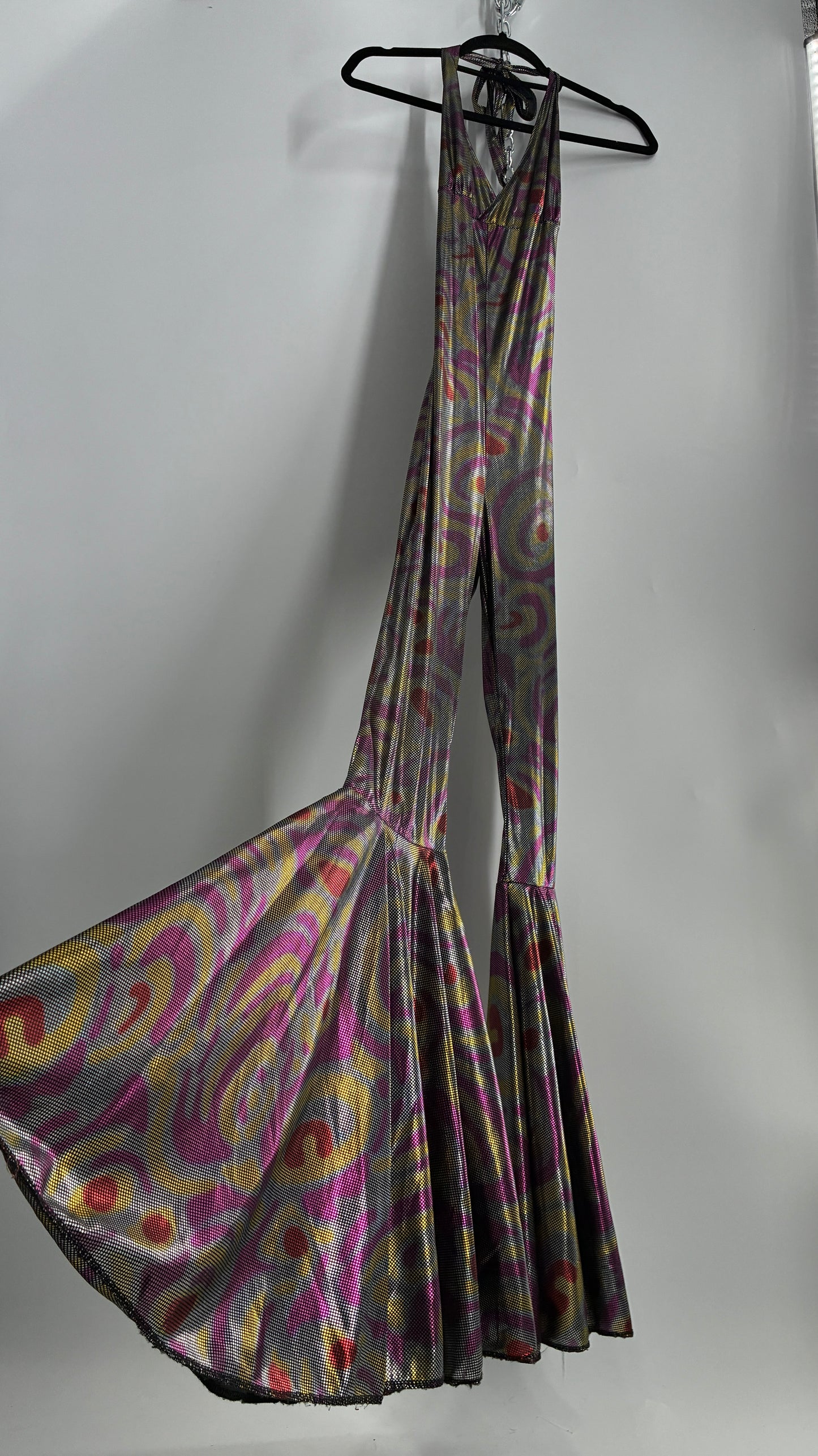 1970s Style Bell Bottom Psychedelic Metallic Jumpsuit with Waist Cinching Back Ties (S/M)