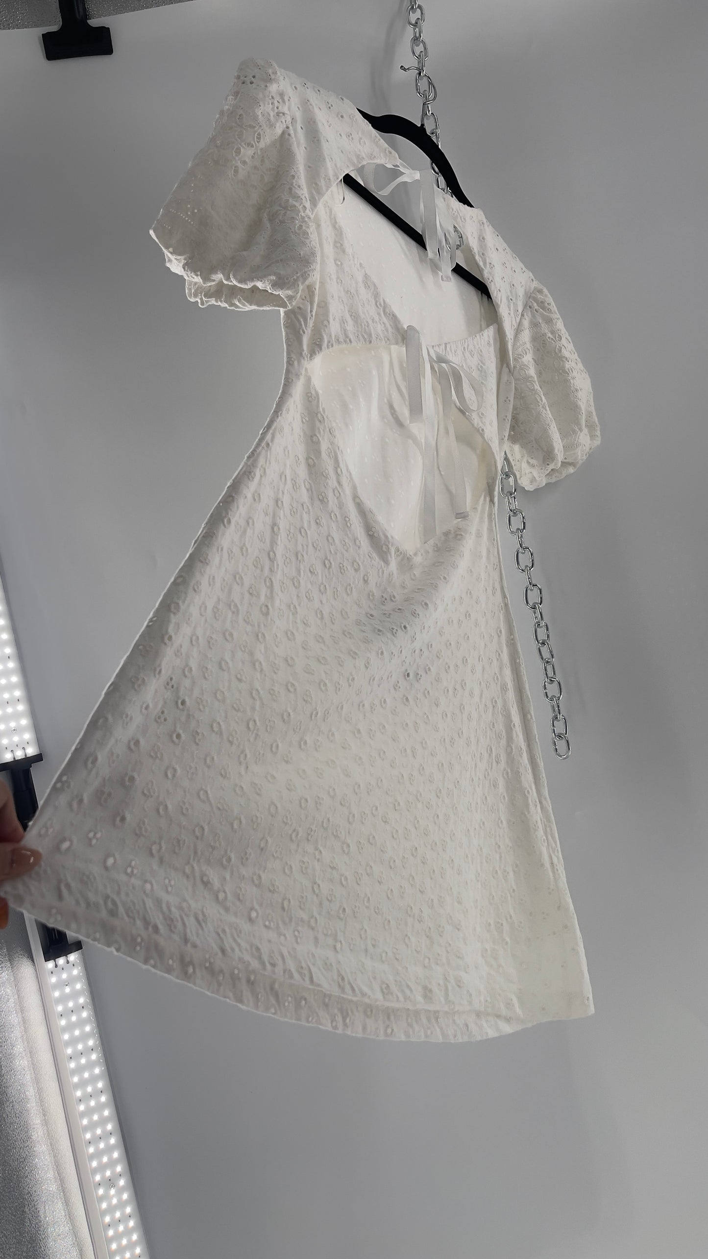 Free People White Eyelet Mini Dress with Puff Sleeve and Open Back (XS)
