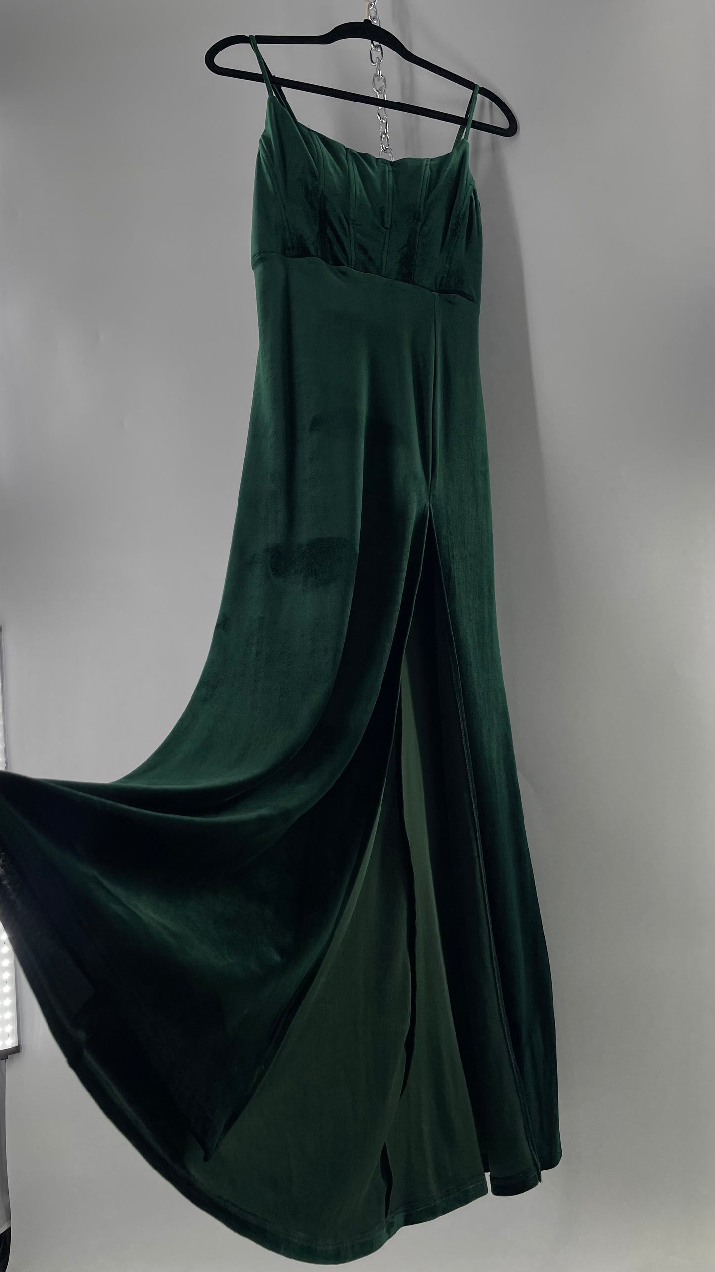 Windsor Forest Green Velvet Maxi Dress with Corseted Bust and Side Slit (11/12)