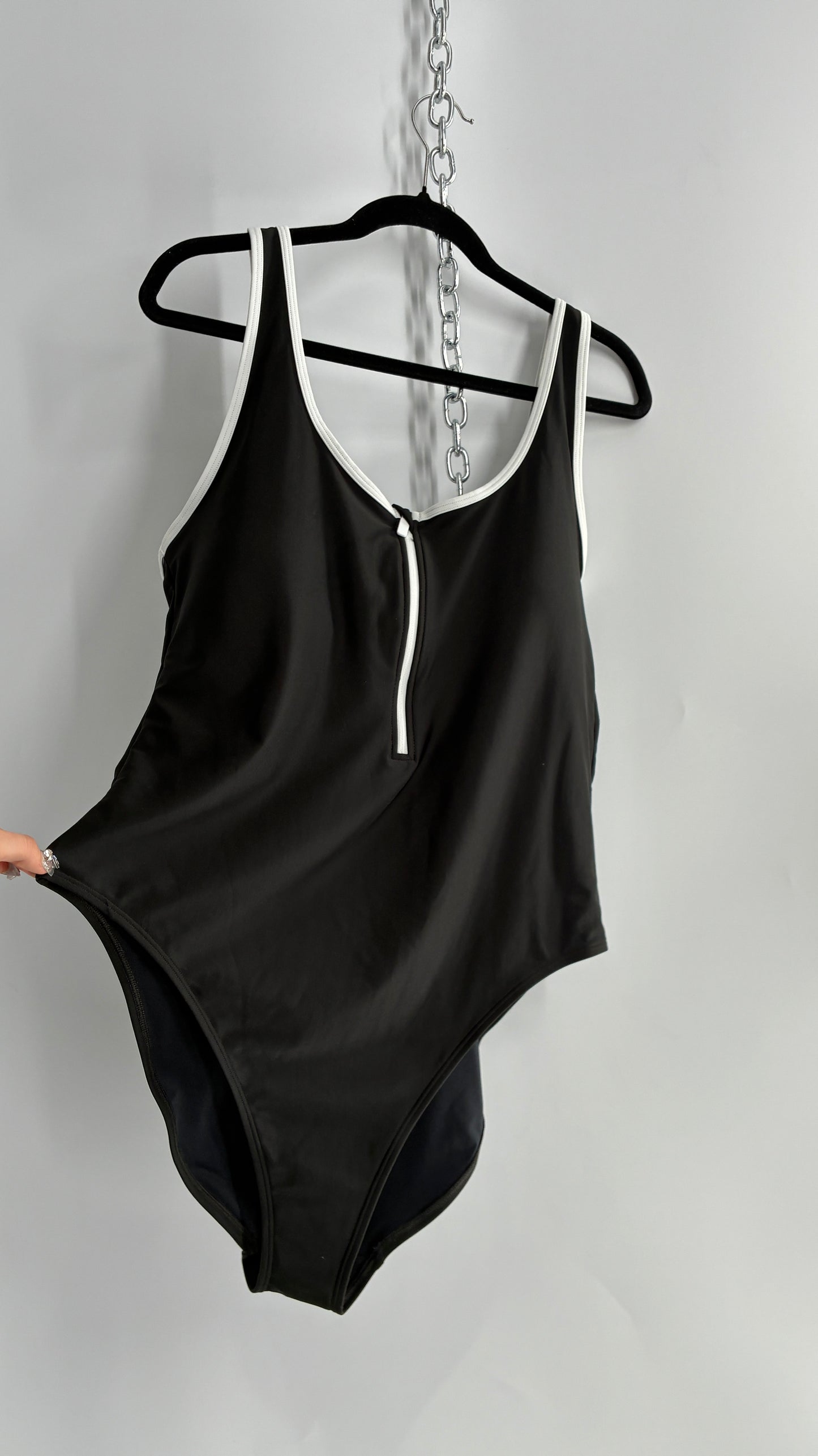 OLD NAVY Black Thick Zip Front Bathing Suit with Contrast White Piping and Tags Attached (XXL)