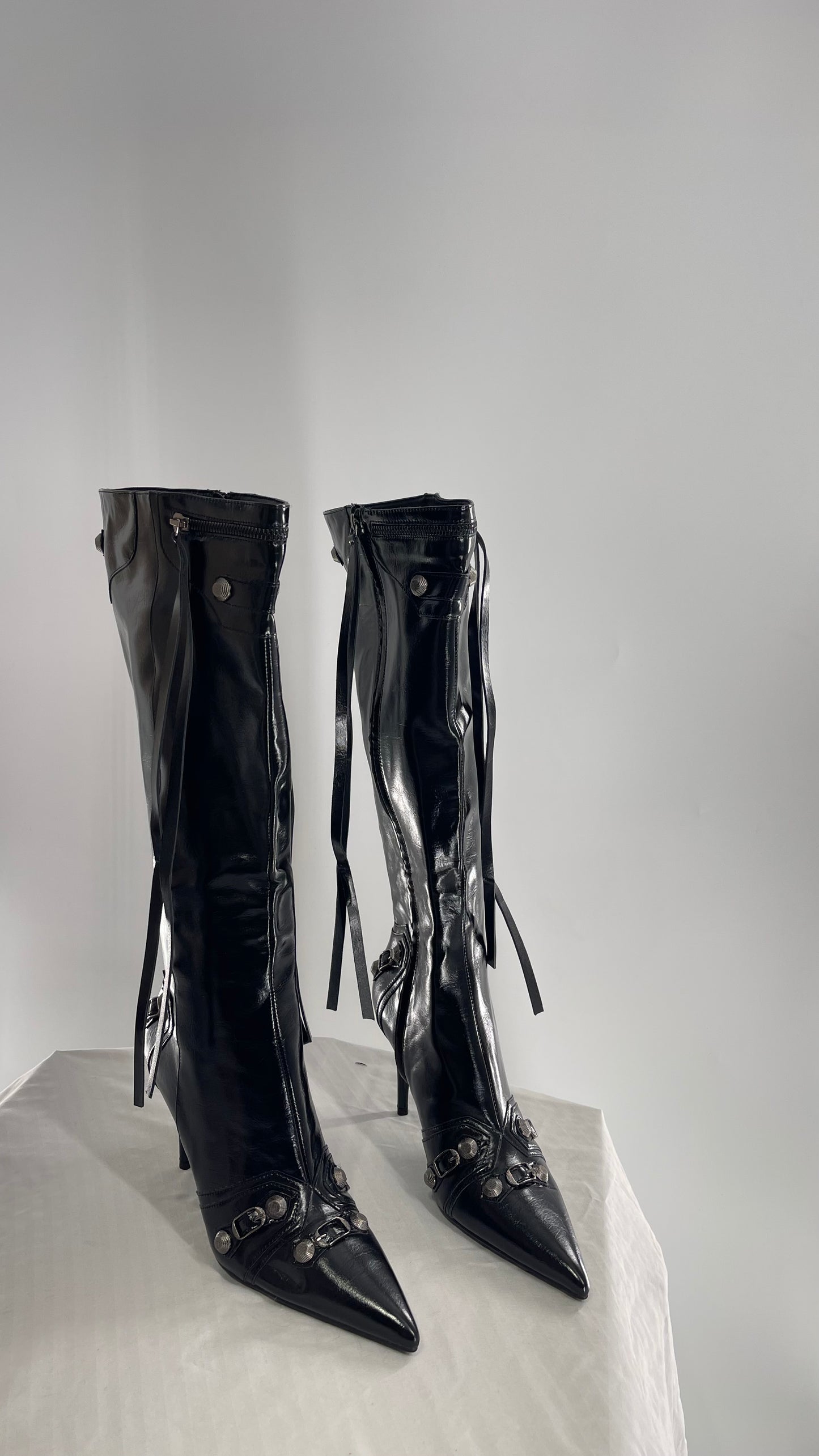 Black Pointed Toe Strappy Heeled Knee High Boots with Metal Hardware Details (10)