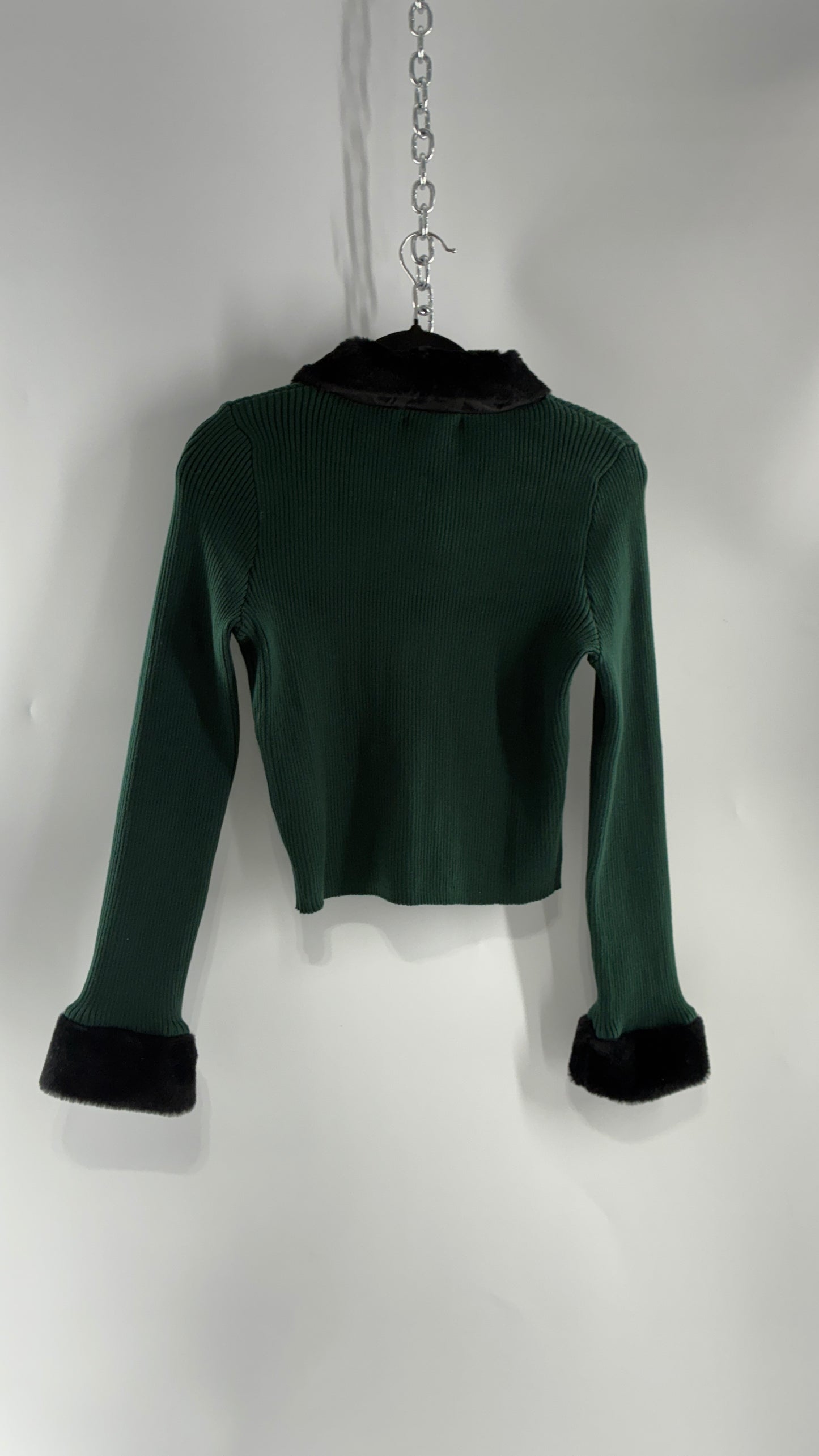 Forever 21 Green Ribbed Knit Zip Up with Fur Collar and Cuffs, Tags Attached (Large)