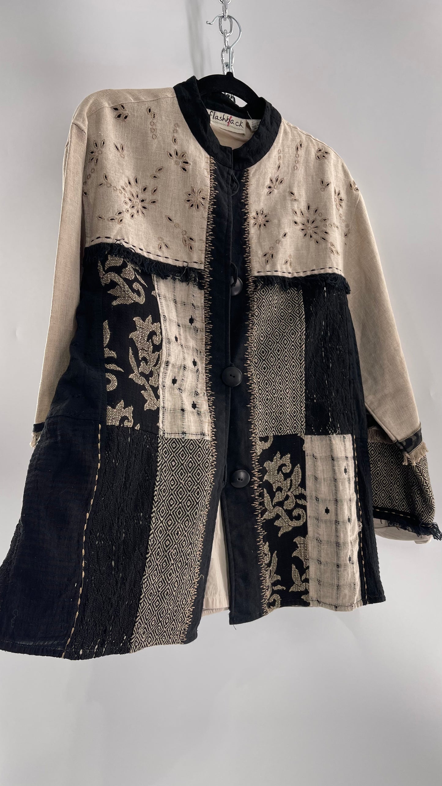 Deadstock Vintage Flashback Patchwork Coat with Mixed Neutral Fabrics, Embroidery and Fringe Details (Large)