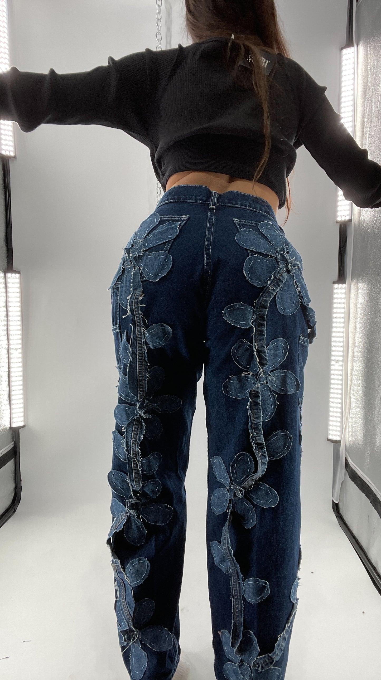 Handmade CUSTOM Dual Denim Tone Floral Vine Cargo Denims (S)