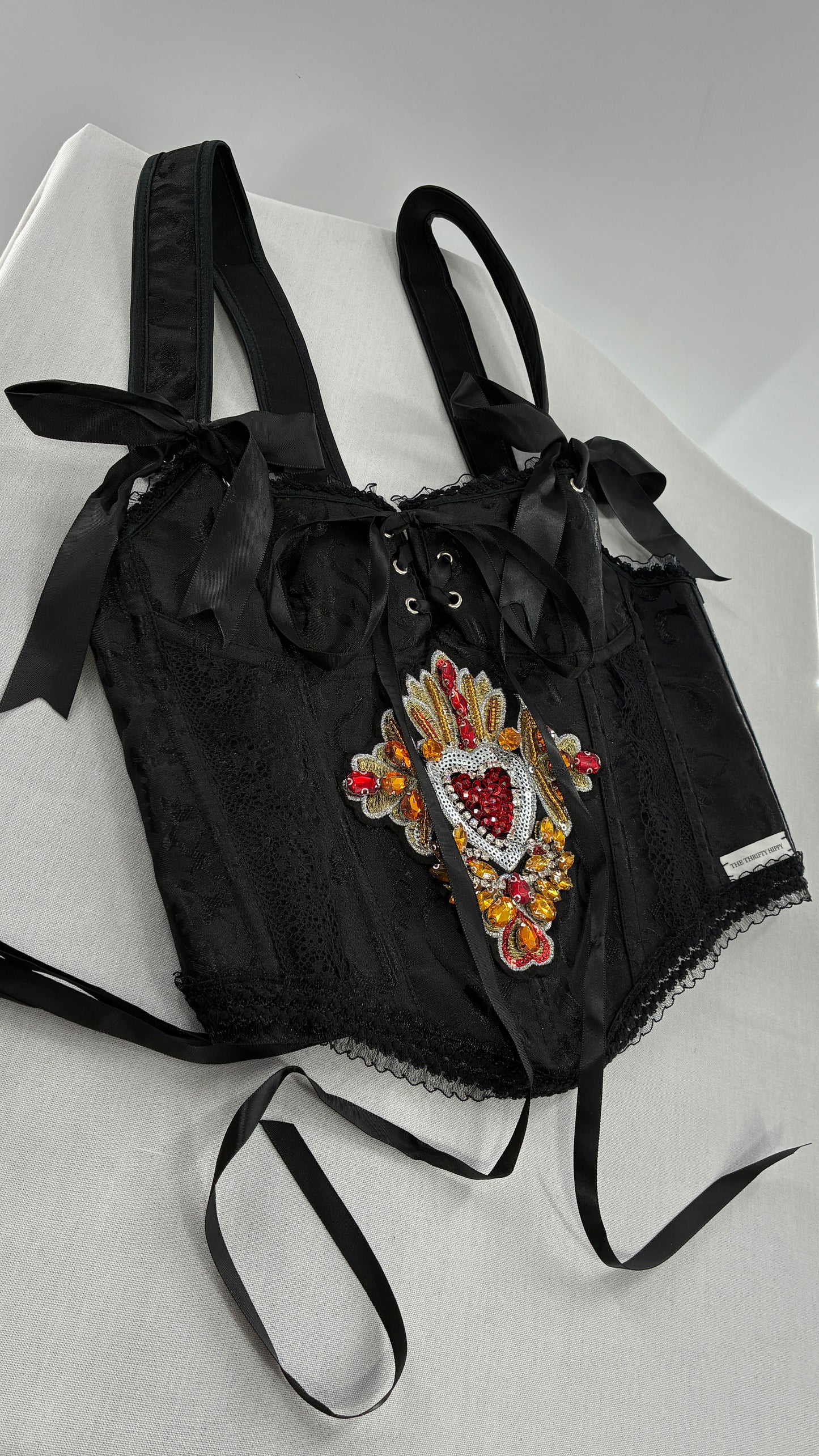 Custom Black Jacquard Corset, Handmade with Heart Appliqué, Bows, Embroidery, Gemstones, Lace and Ruffles (S/M)