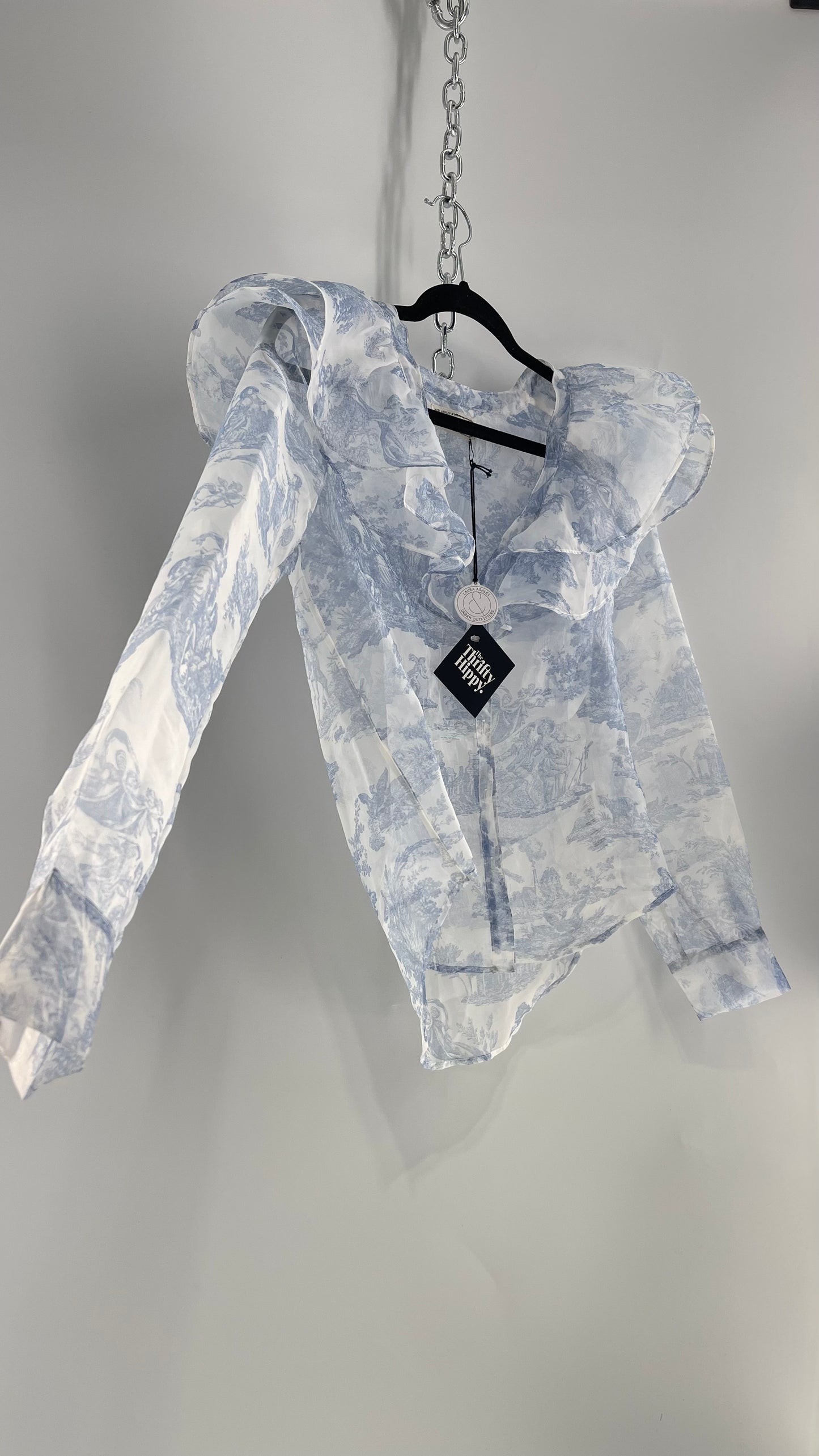 Laura Ashley Urban Outfitters Voile Sheer Ruffled Shoulder Button Up with Blue Vintage Print (XS)