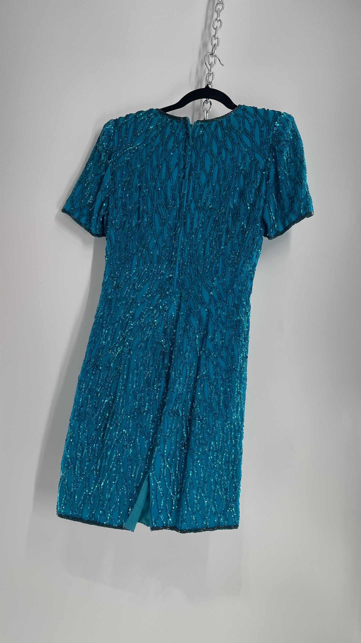 Vintage Sténay 100% Silk Bright Blue Sequin Mini Dress (4)