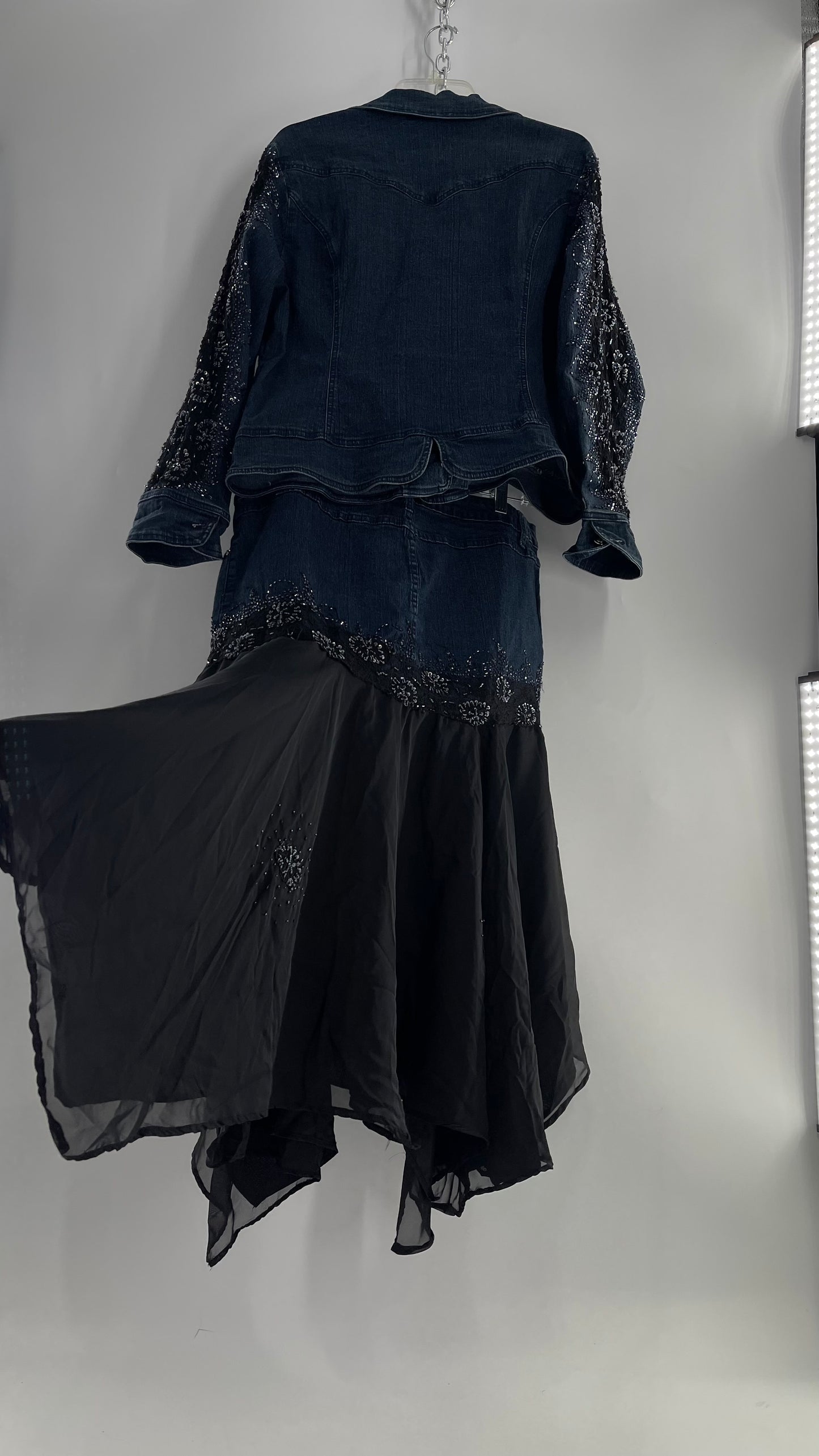 Vintage Ashley Stewart Denim Skirt and Button Up Set with Black Embroidered and Beaded Lace Details + Handkerchief Skirt (16W)