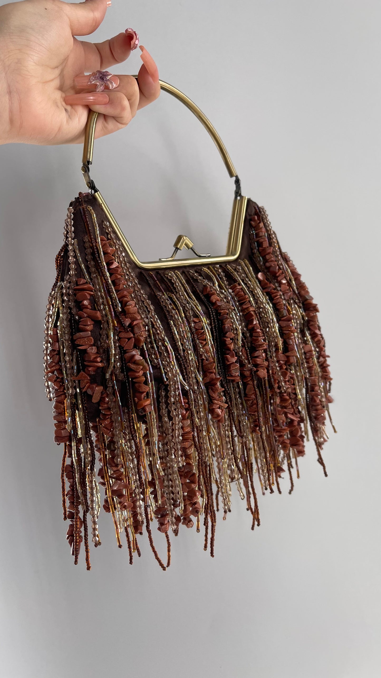 Vintage Purse Covered in Strands of Brown Beads and Reflective Stone Tassels