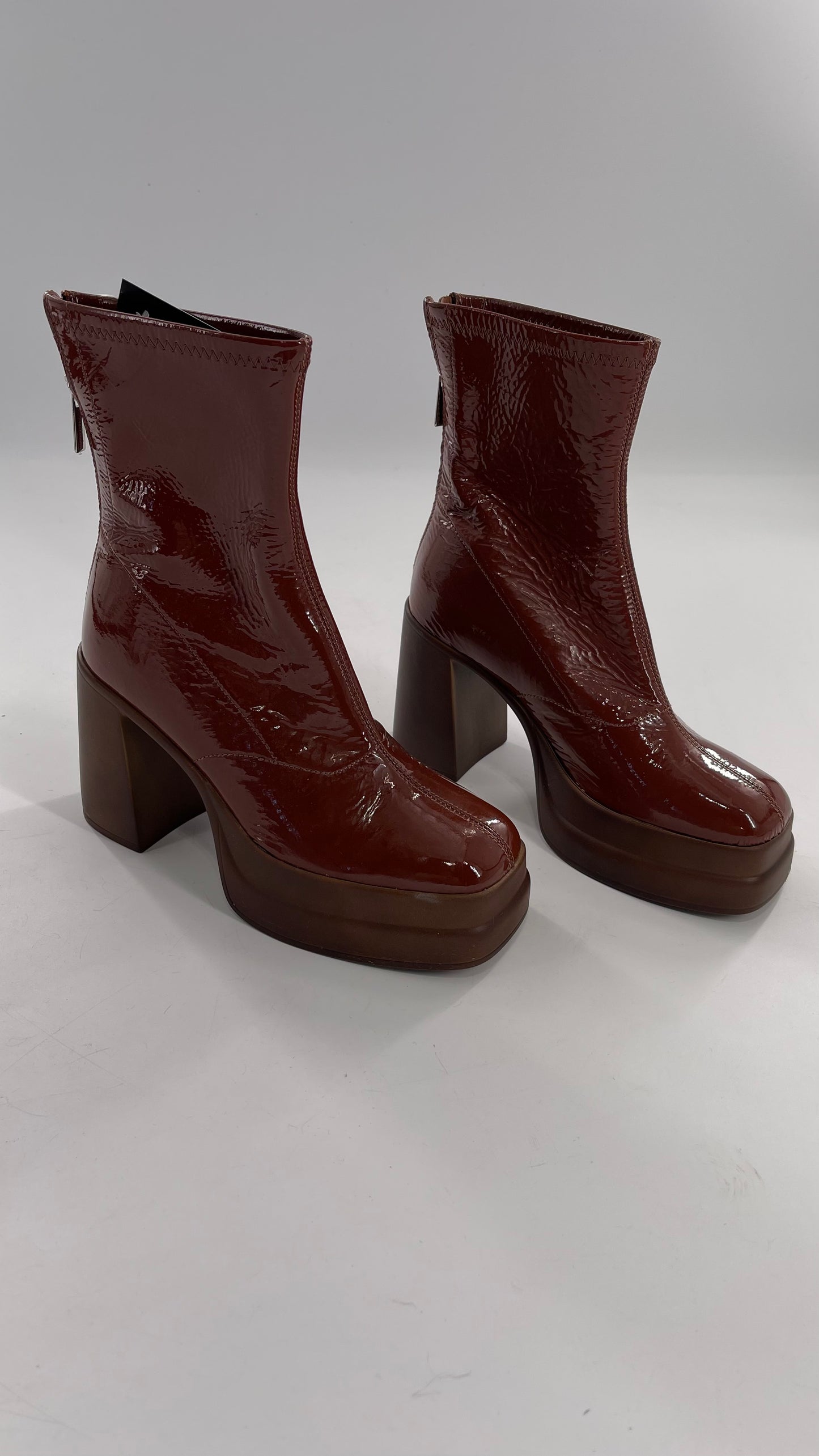 Free People Double StackedGlossy Patent Chestnut Brown Platform Boots with Chunky Heels (37.5)