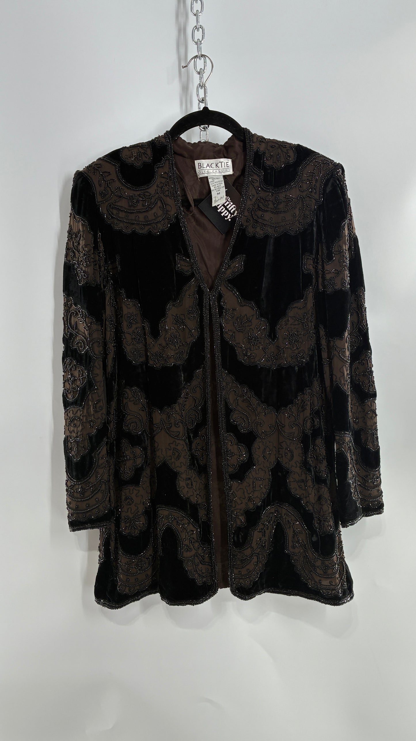 Vintage OLEG CASINI 100% Silk Velour Heavily Beaded Coat (Medium)