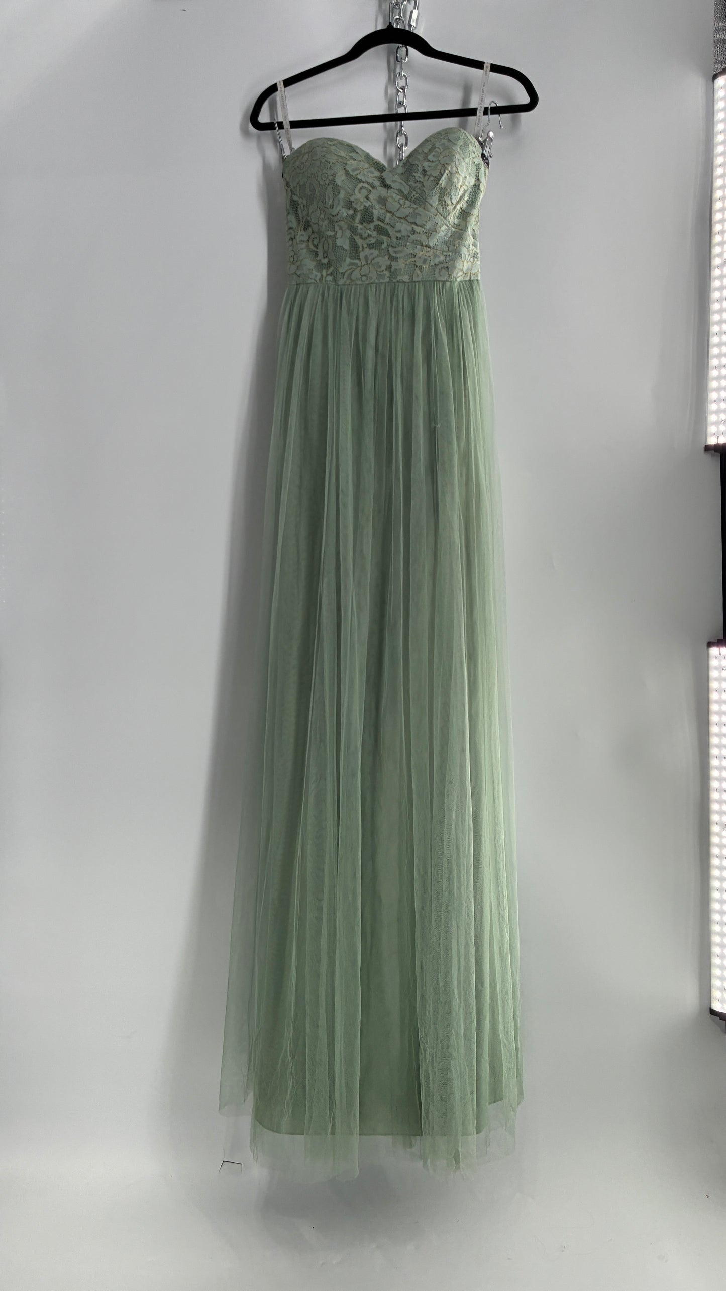 Jenny Yoo Seafoam Green Tulle Full Length Dress with Lace Corset Bodice (8)