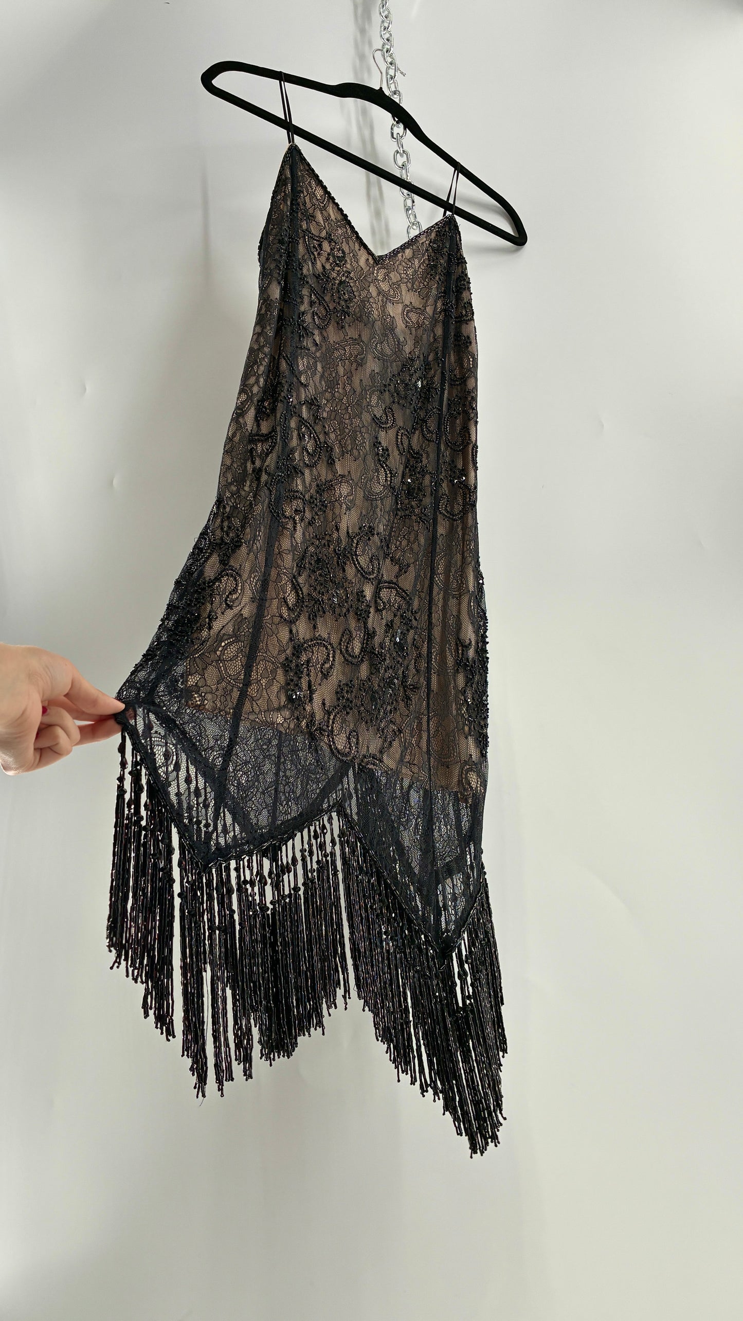 Vintage Haute Hippie Black Lace Nude Underlay Dress with Pointed Heavily Beaded Fringe Hem (2)