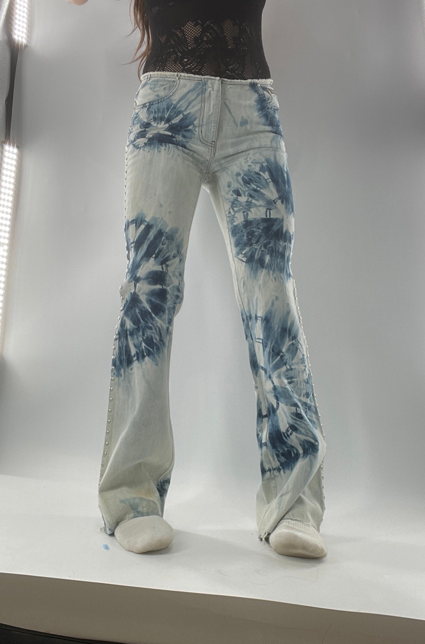 Vintage 1990s DKNY Light Bleached Jeans with Tie Dye Denim Pattern, Raw Edge Low Rise, and Studded Sides (5)