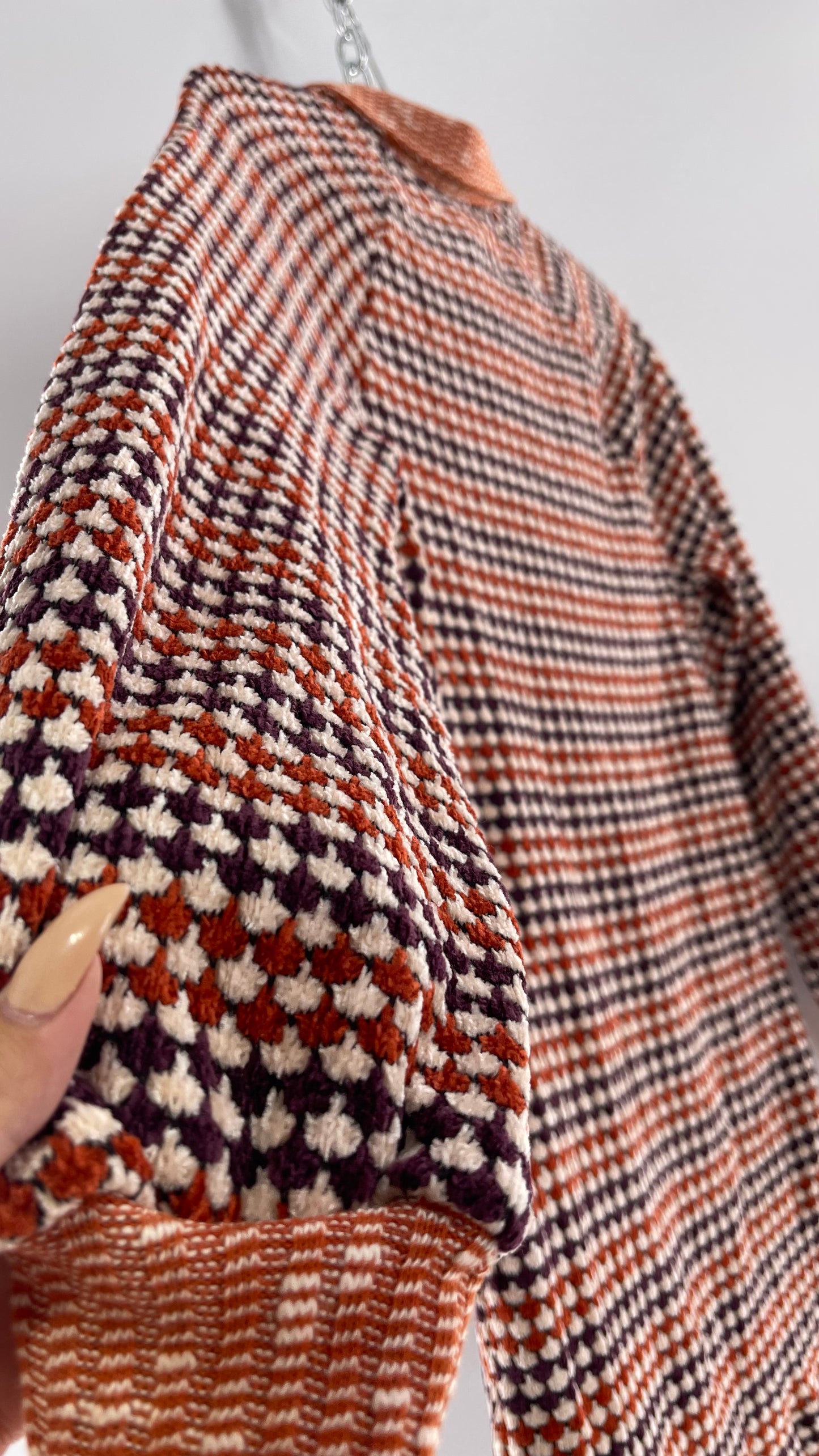 Free People Collared, Orange/Purple Chenille Knit Houndstooth Checkered Patterned 70s Dress (Small)