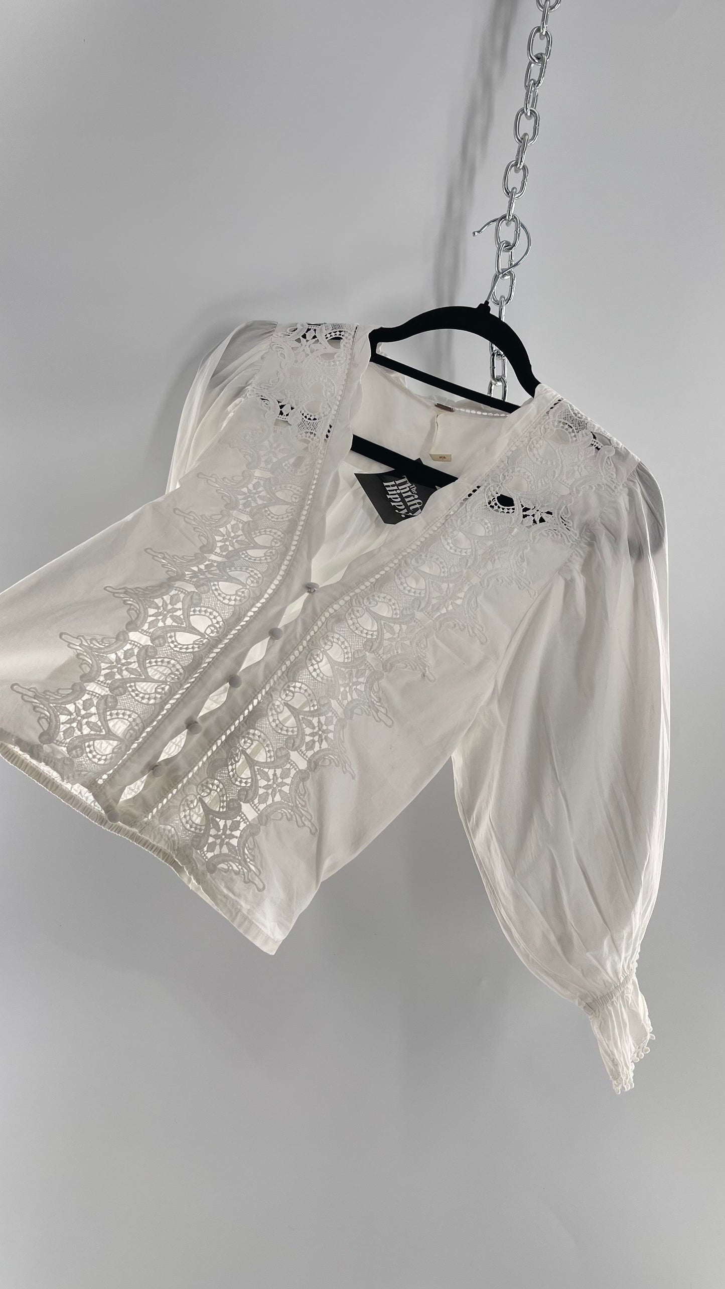 Free People White Puff Sleeve Prairie Blouse with Lace Details (Small)