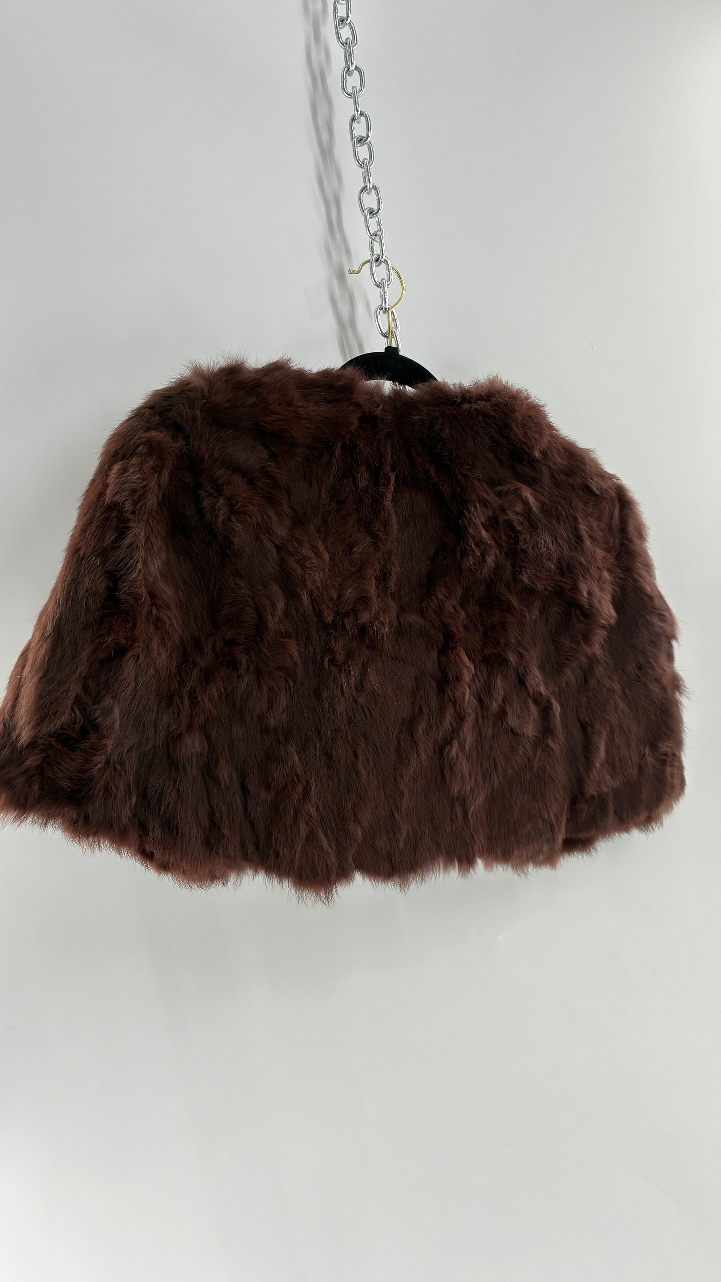 Vintage CAROLINE 100% Rabbit Fur Brown Shrug Cape with Oversized Round Buckle (One Size)