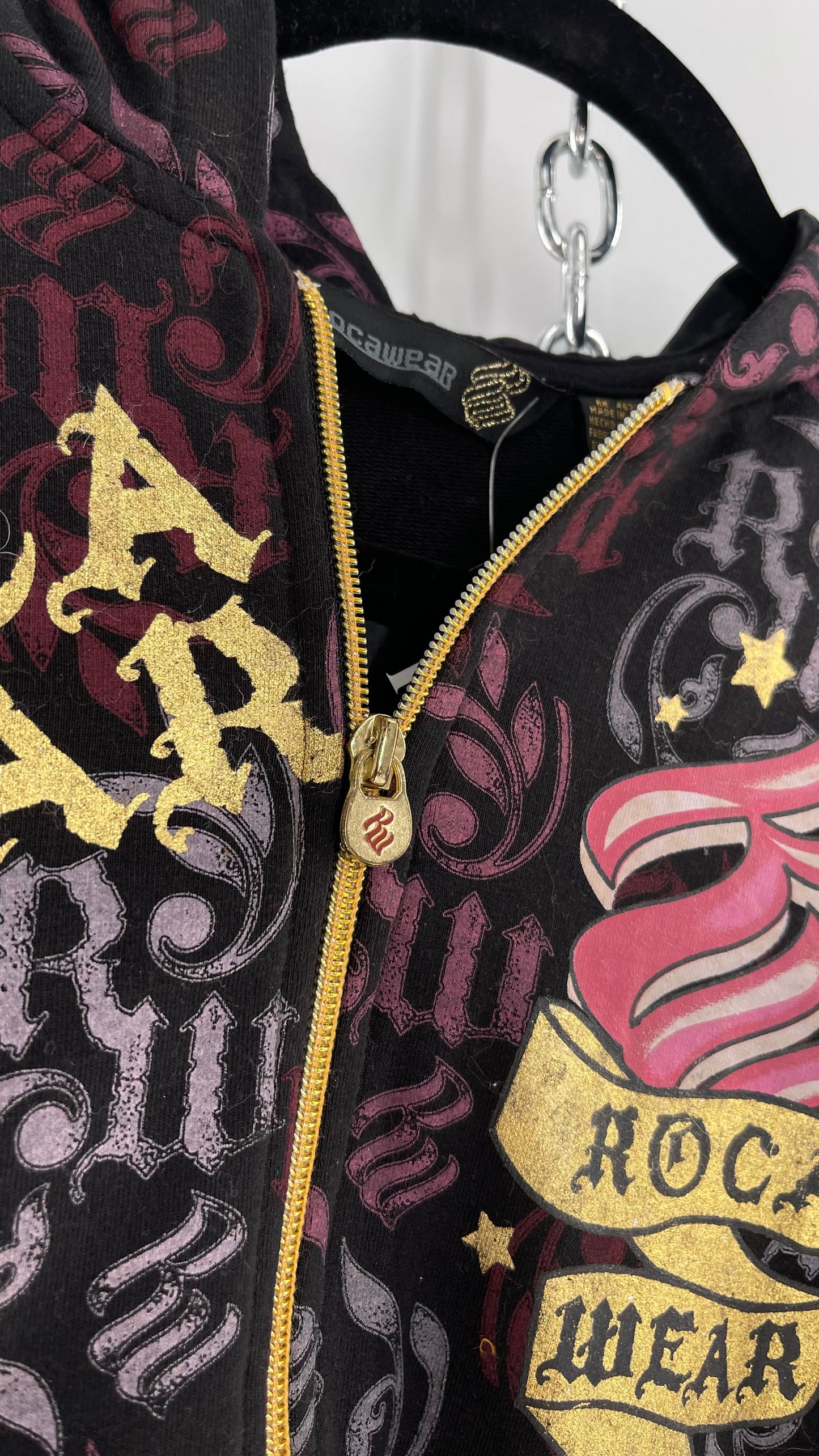 Vintage All Over Rocawear Logo Zip Up Hoodie with Gold Charm Chain and Silky Hood (XS/S)