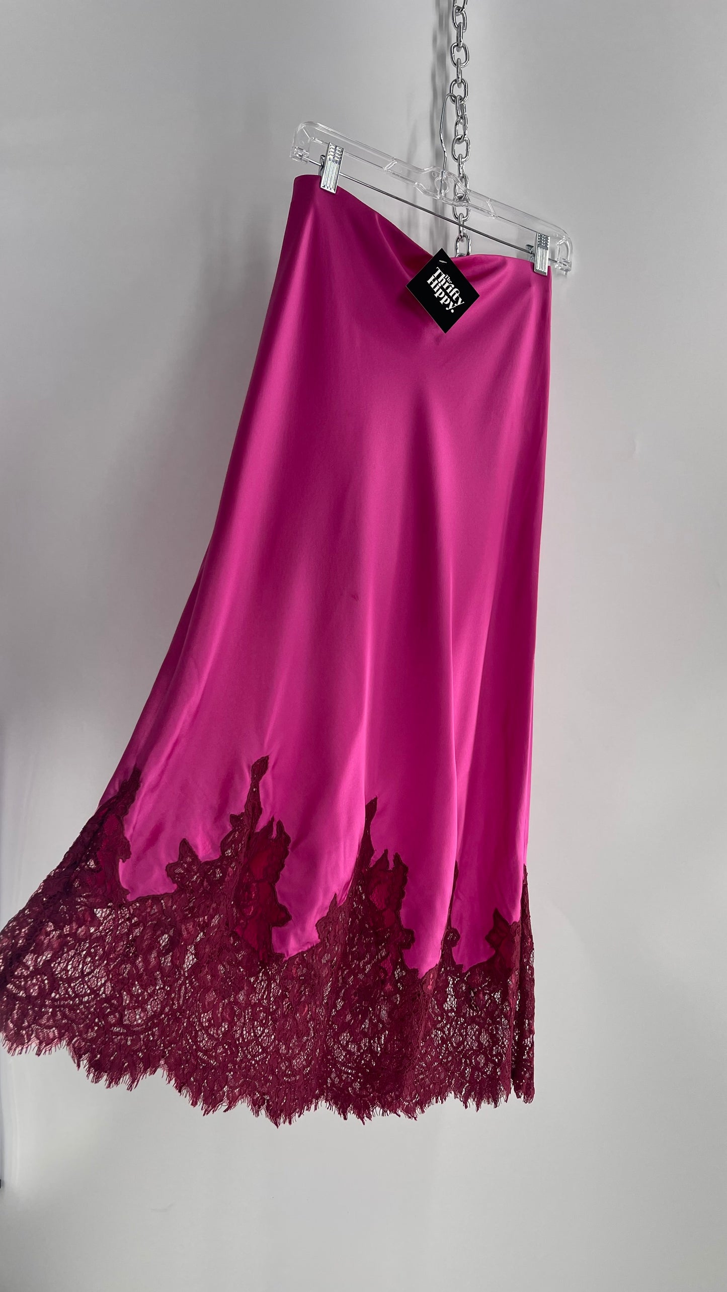 CAMI NYC Hot Pink Silky Midi Skirt with Maroon Thick Lace Hem (S)