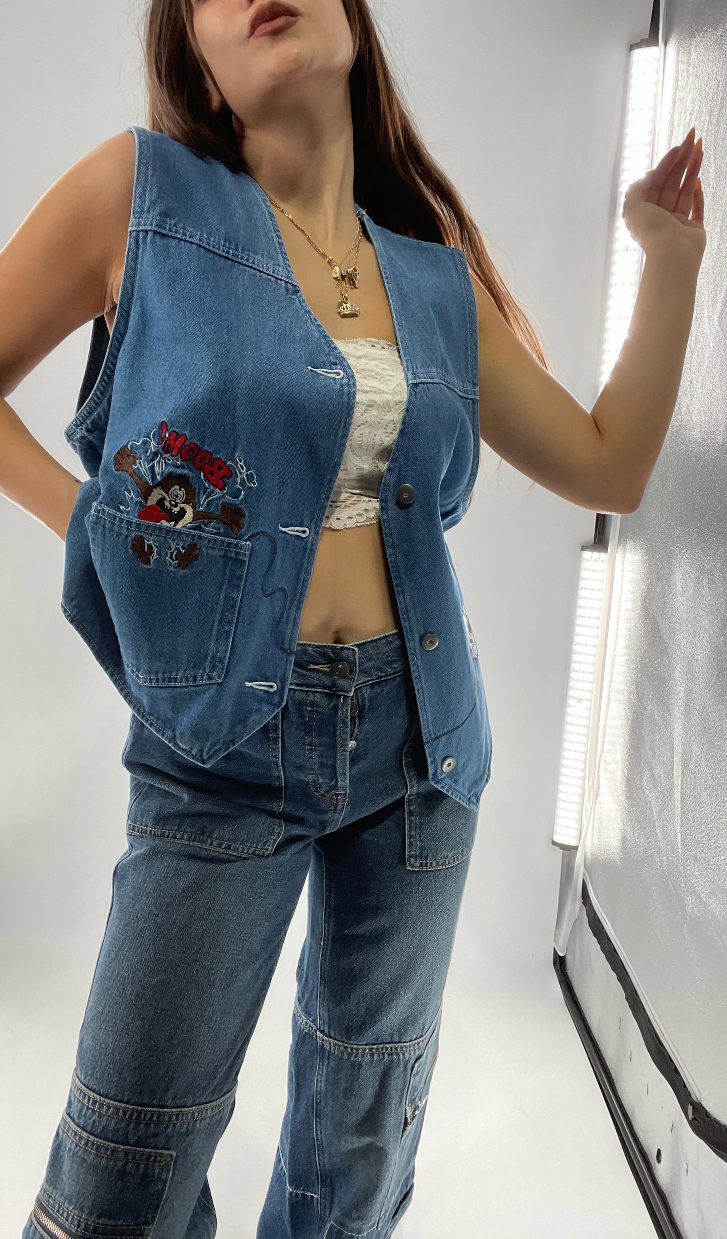 Vintage Looney Tunes Denim Vest with Embroidered Characters (Large)