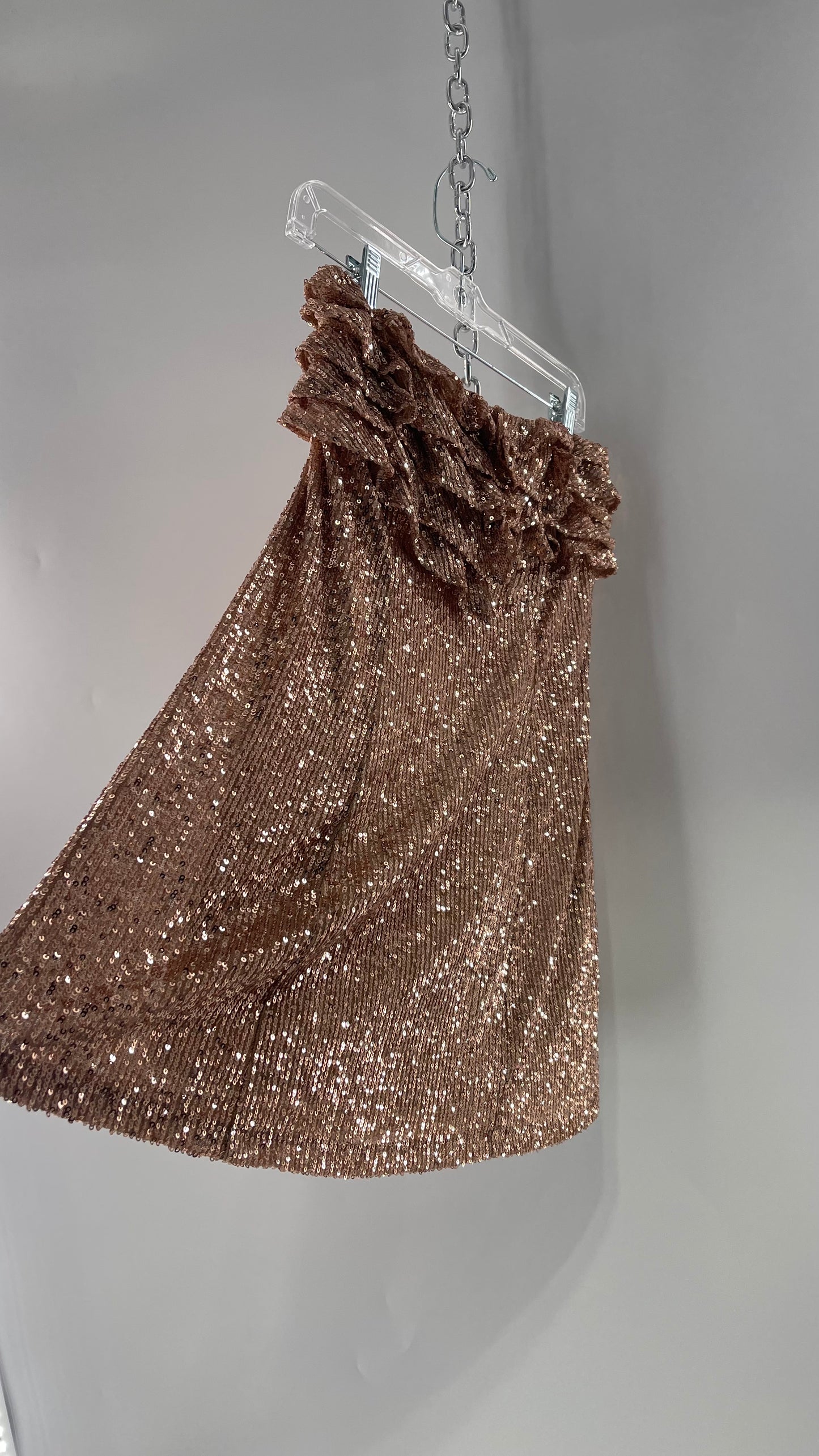Free People Rose Gold Sequin Mini Dress with Ruffled Bust and Statement Back Zipper (4)
