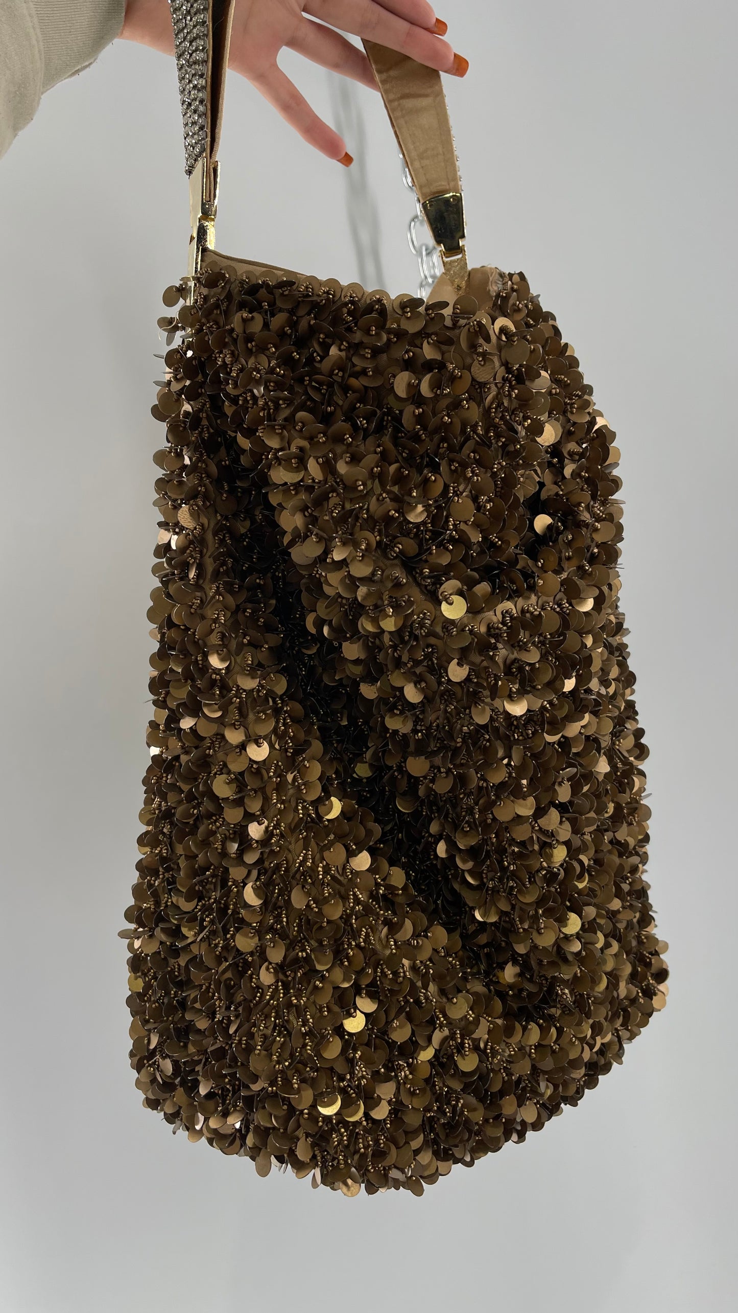 Deadstock The Find Marvelous Bronze Beaded Sequin Tote Bag with Gemstone Strap