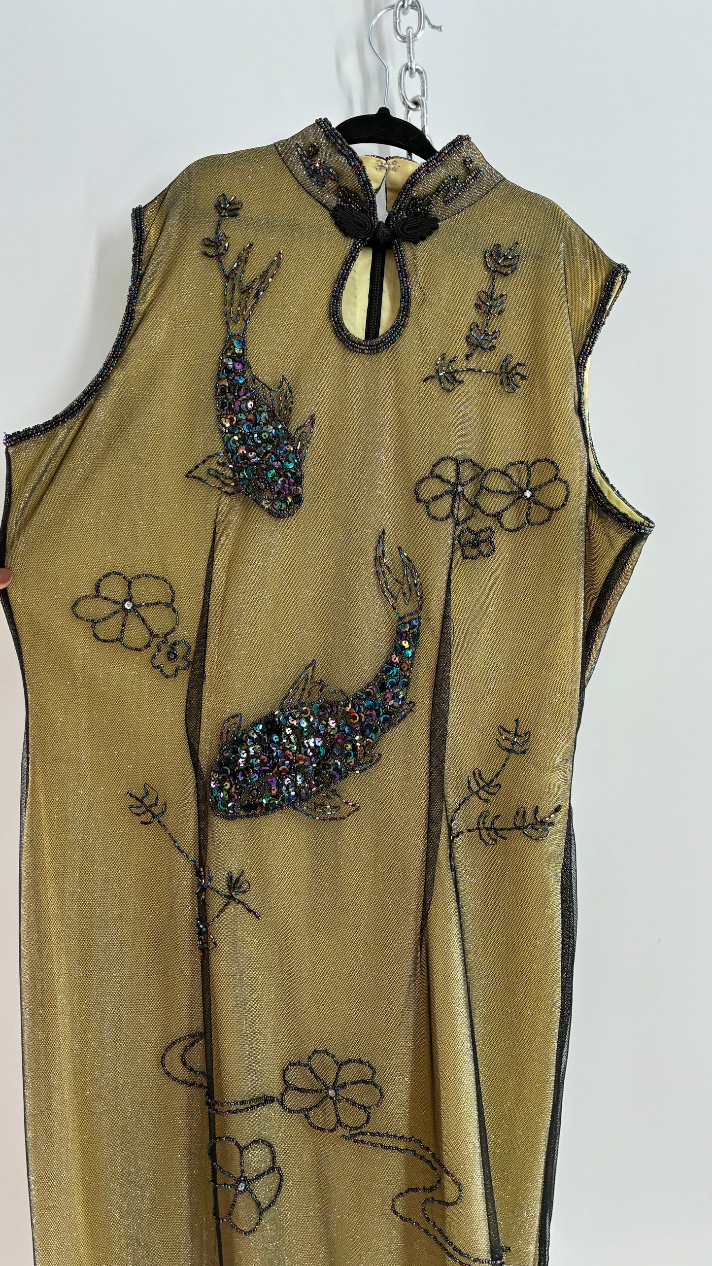 Vintage 1990s One of a Kind Handmade, Green Gown with Beaded Koi Fish, Metallic Tulle Overlay, and Symmetric Back (Medium)