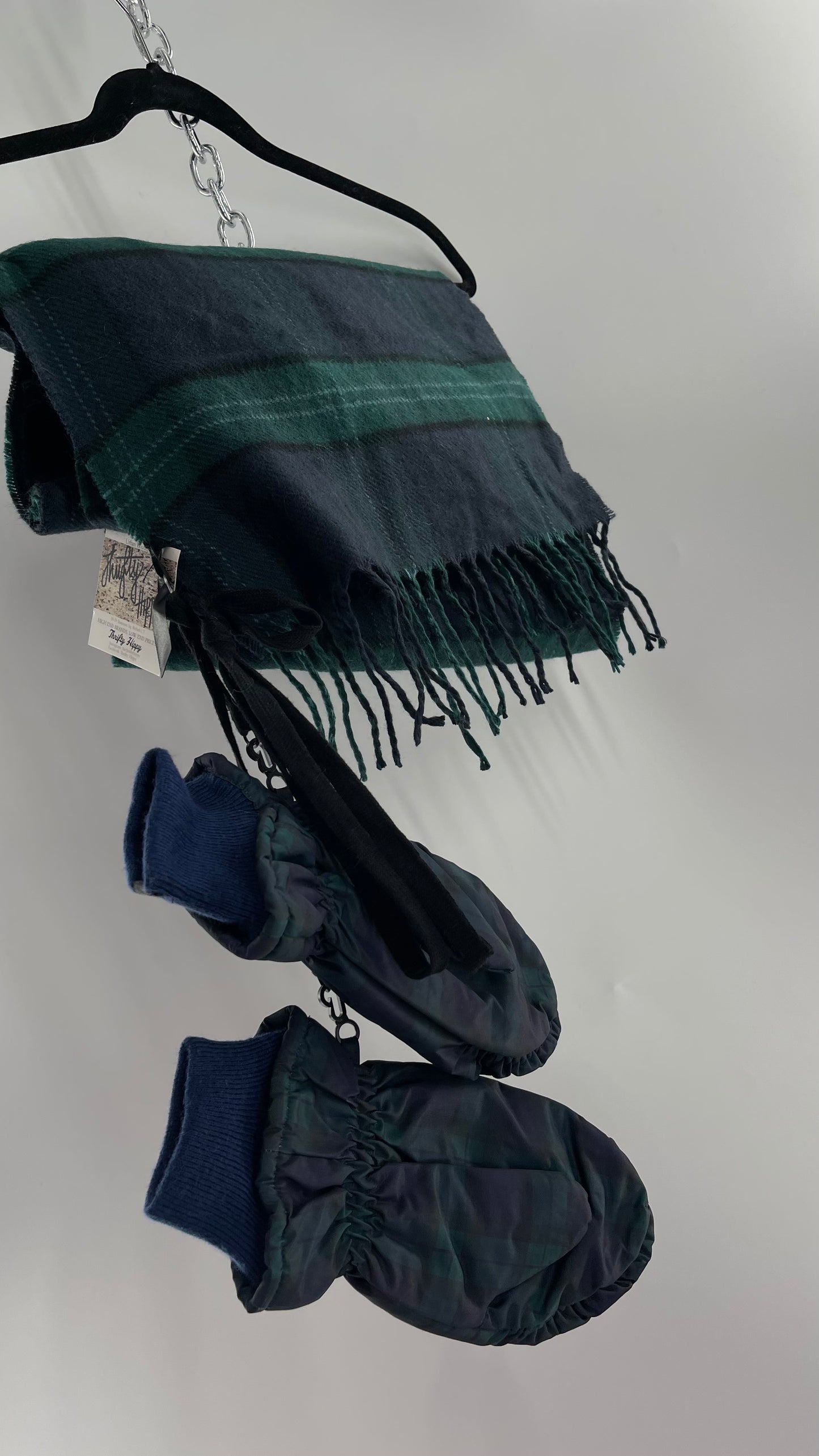 Urban Outfitters Plaid Navy Green Scarf and Matching Glove Set