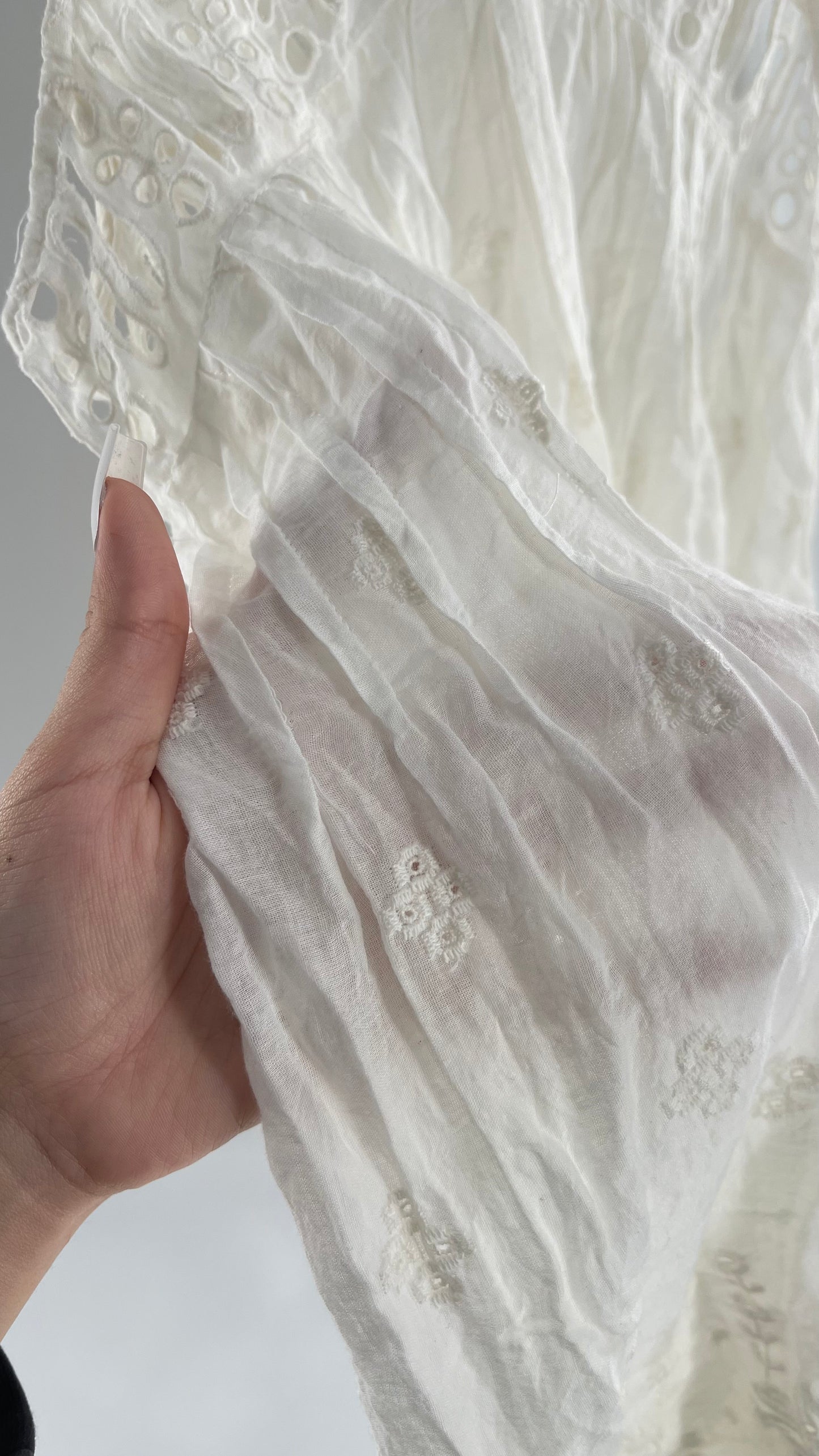 Free People White Cotton Eyelet Embroidered Lace Tank with Pleating, Buttoned and Slit Back (Small)