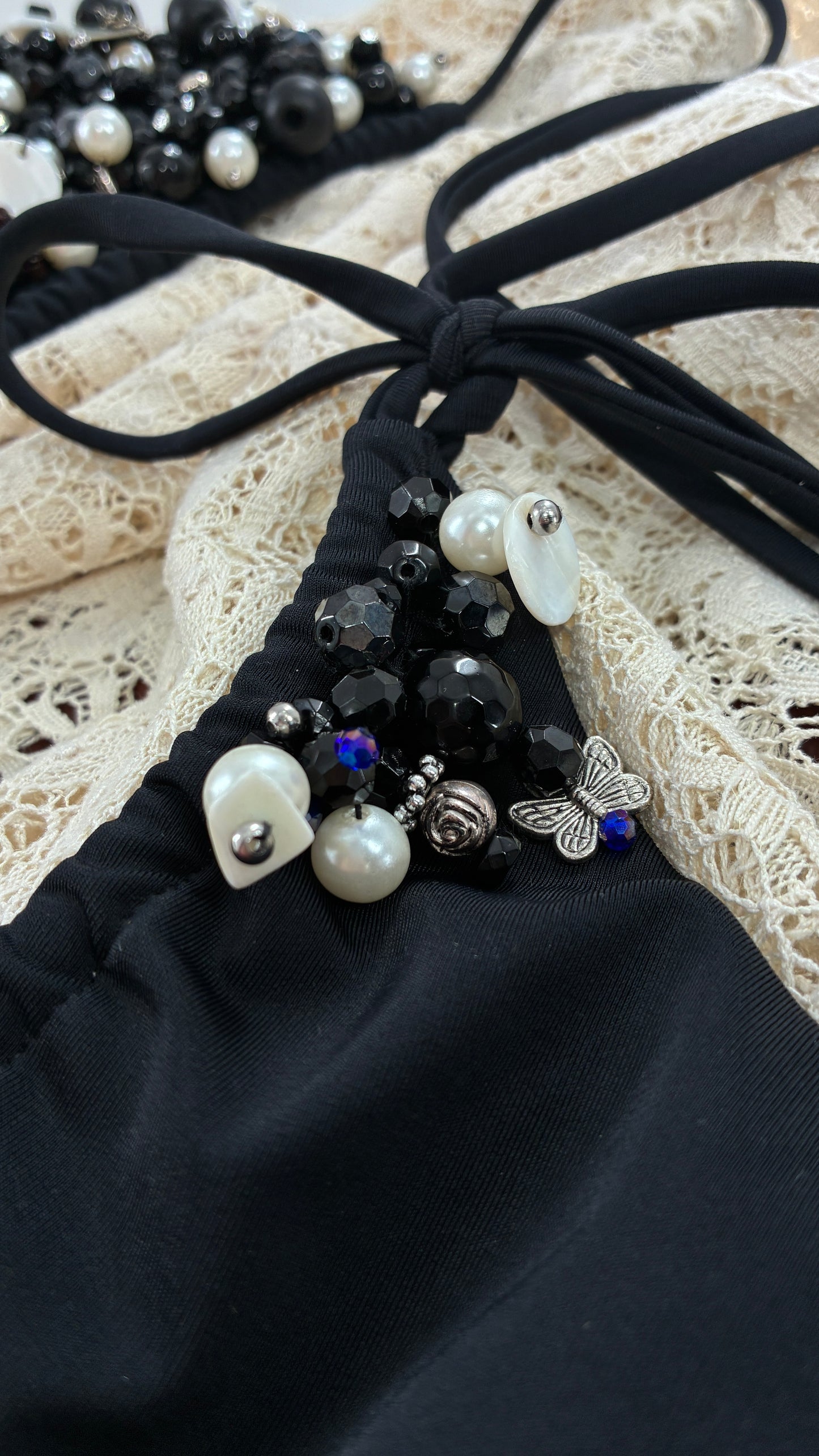 CUSTOM 1/1 Black Swimsuit Covered in Hand Placed and Sewn Beads, Charms, and Gems (MEDIUM)