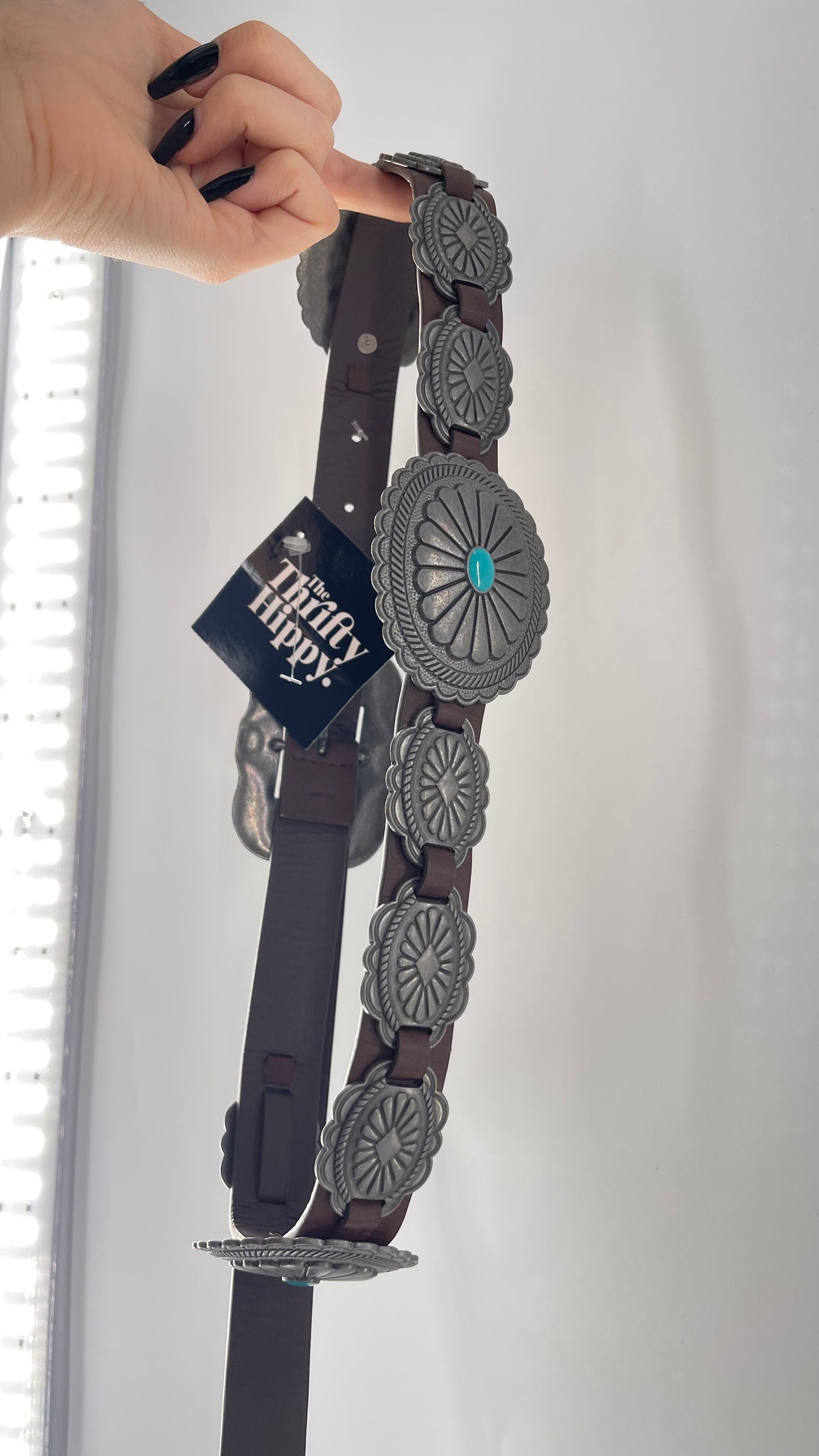 Free People Brown Leather Belt with Heavy Duty Metal Engraved (Small)