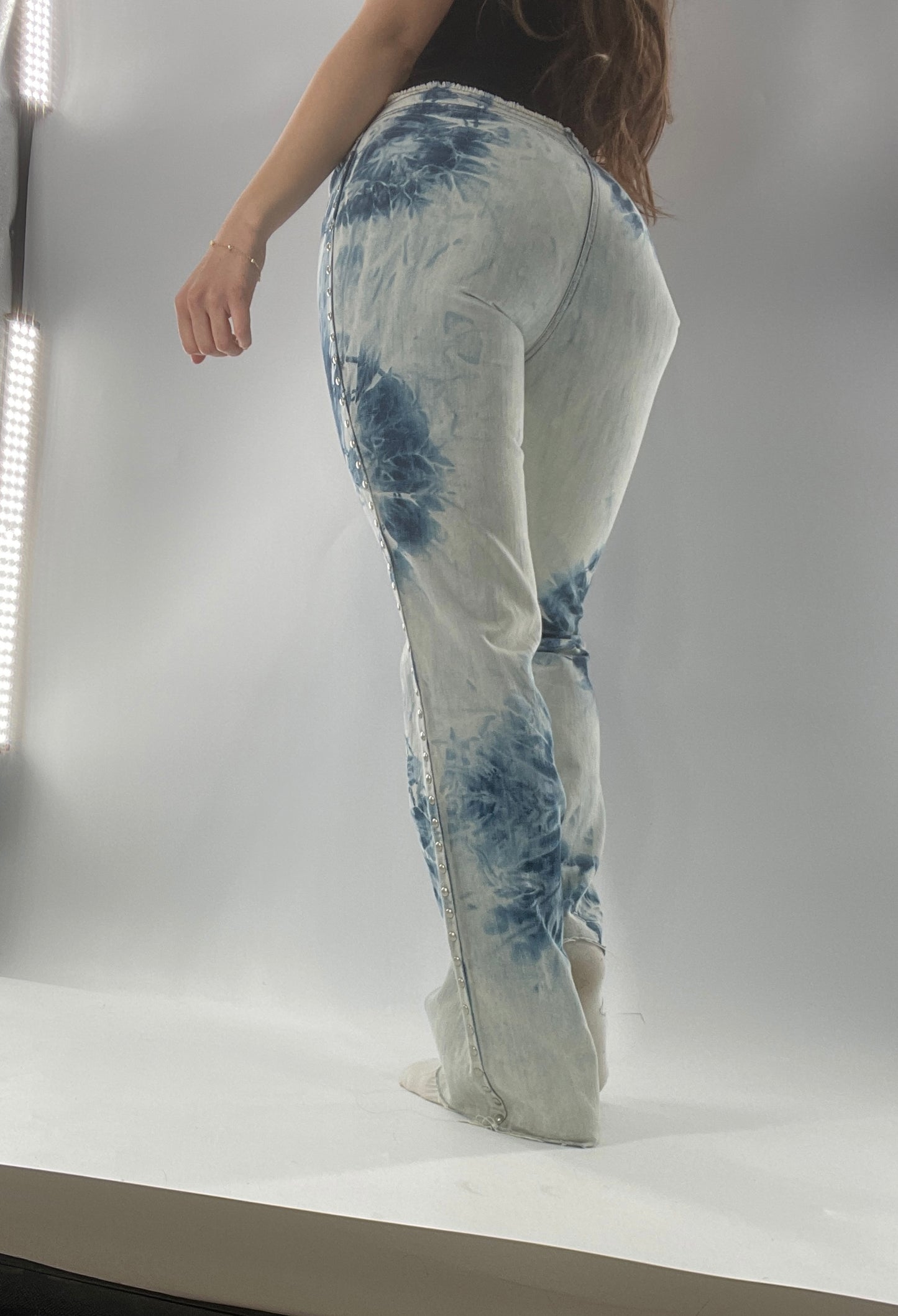 Vintage 1990s DKNY Light Bleached Jeans with Tie Dye Denim Pattern, Raw Edge Low Rise, and Studded Sides (5)