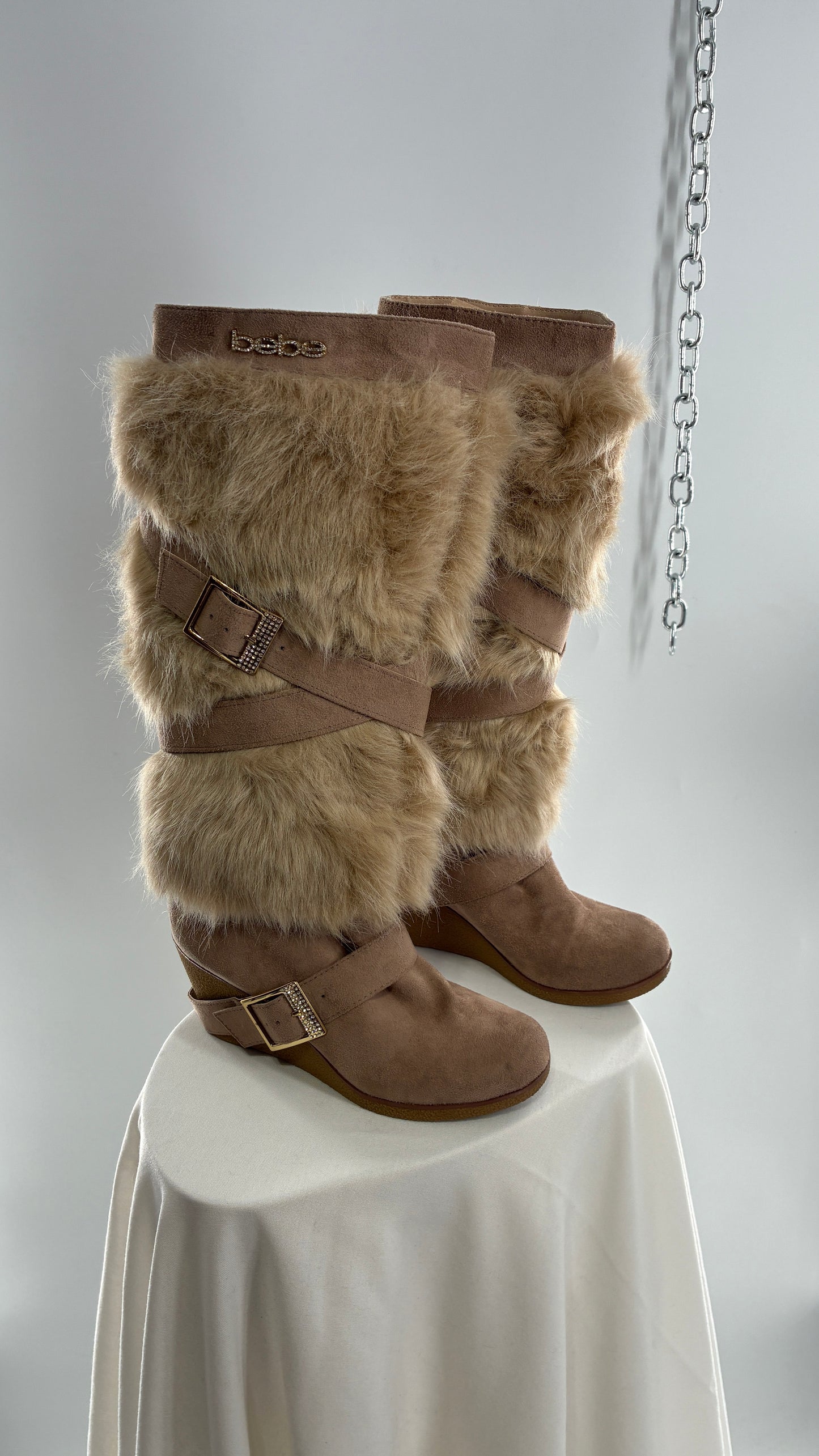 Vintage BEBE Wedge Heel Knee High Vegan Fur, Strappy Boots (6)
