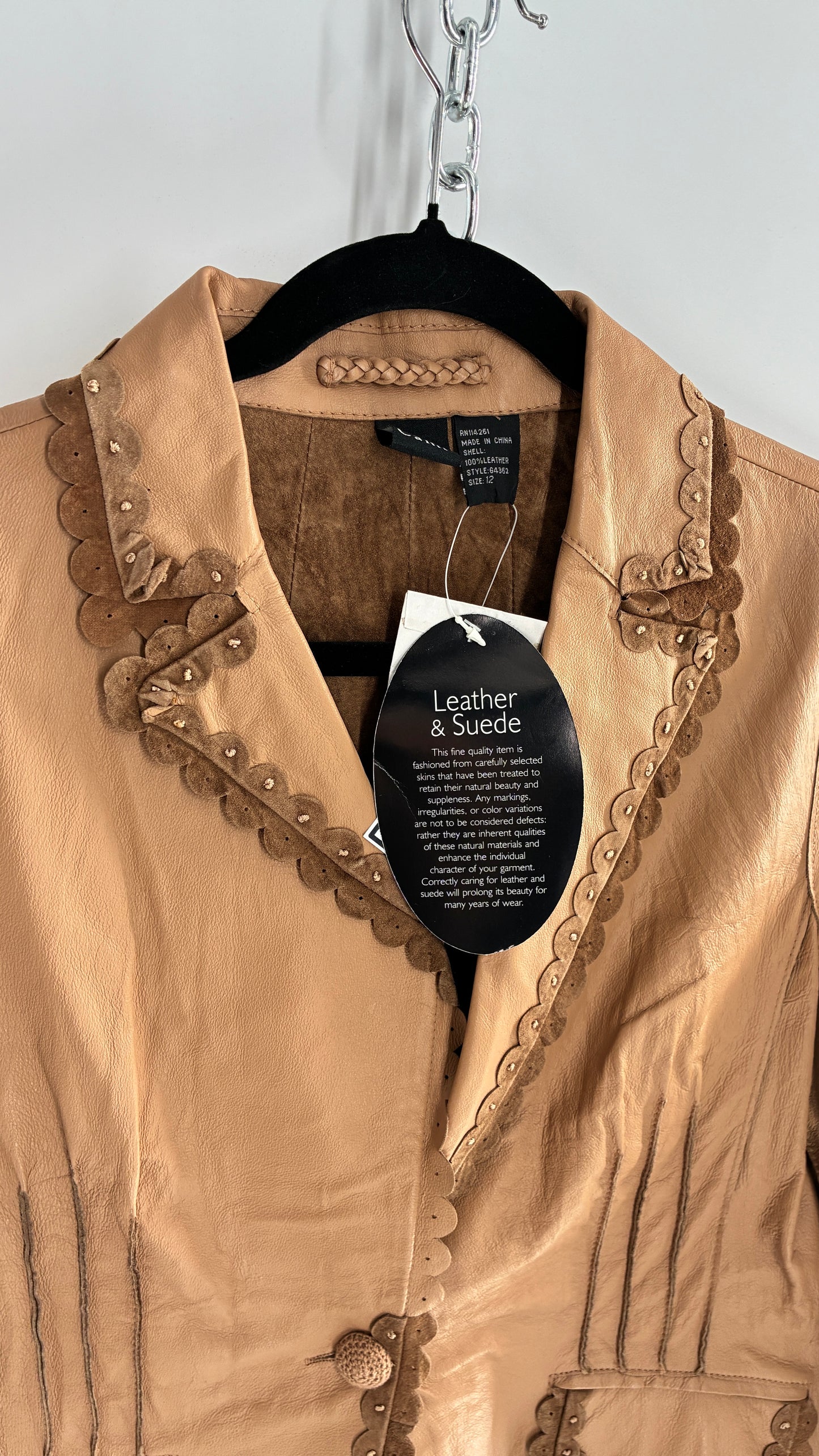 RARE Deadstock Vintage Cami Brown Thin Leather Jacket with Suede Scalloped Trim (12)