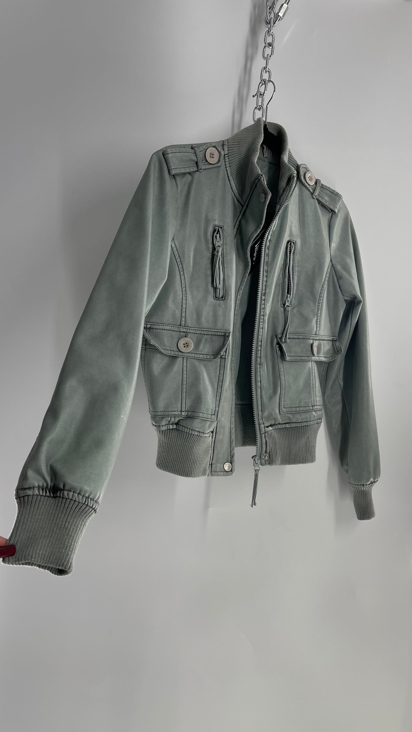 Vintage C. M⭐️gic Teal Distressed Aesthetic Vegan Leather Bomber (Small)