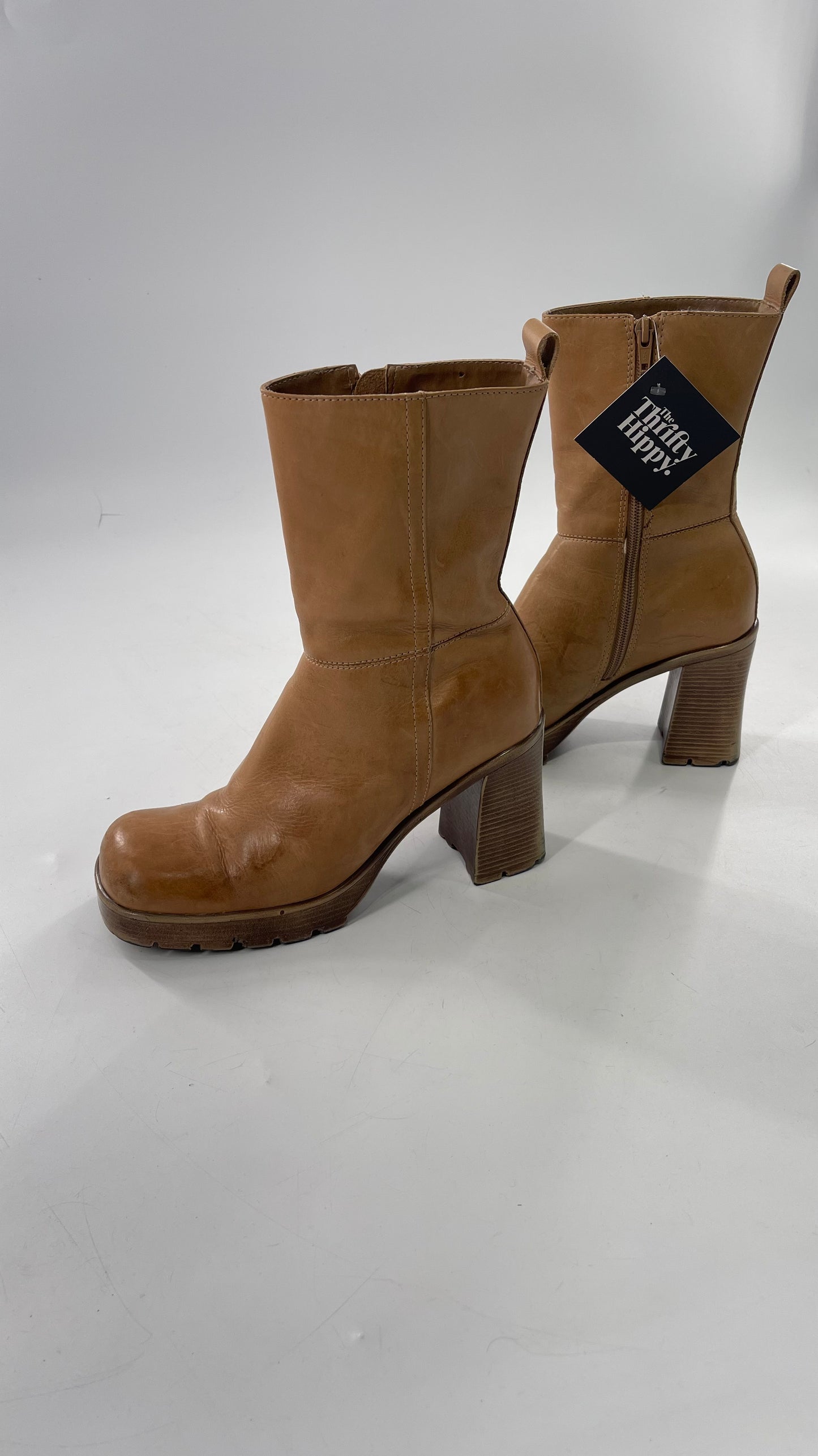 Vintage 90s Steve Madden Tan Leather Funky Square Toe Boot with Platform and Chunky Heel