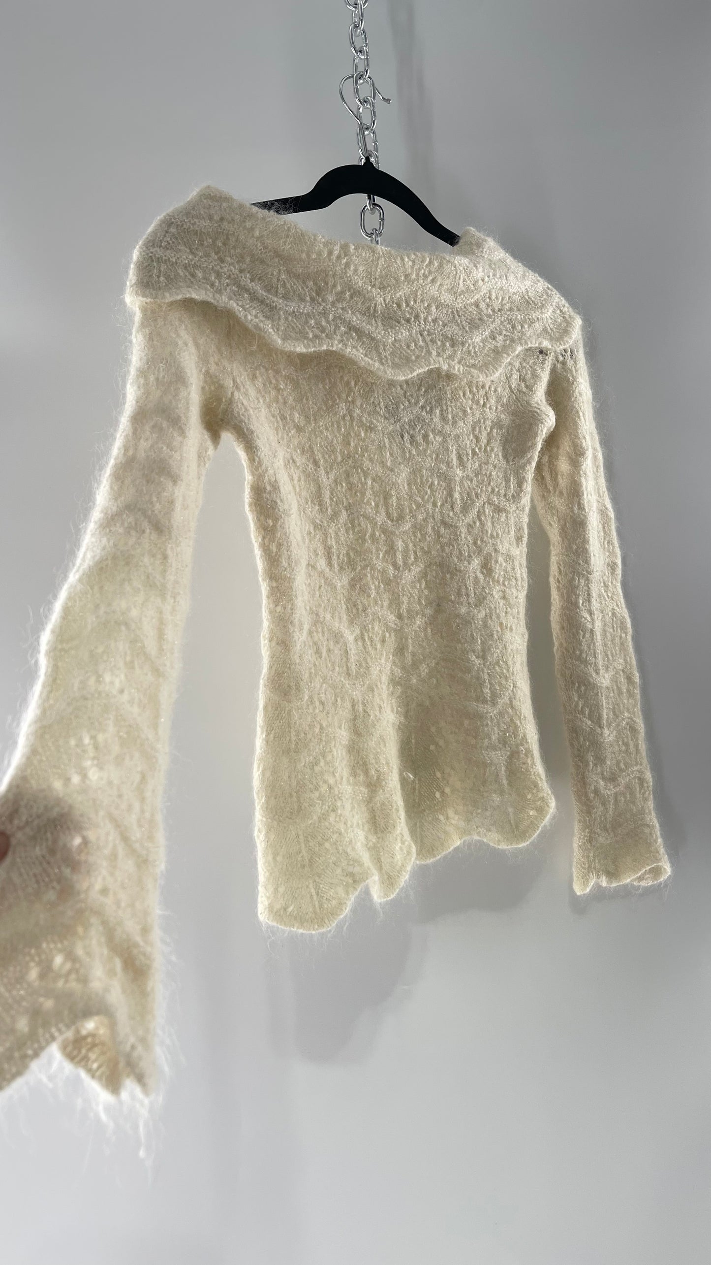 Vintage Ivory Off White Lace Knit Off the Shoulder Sweater Top (Medium)