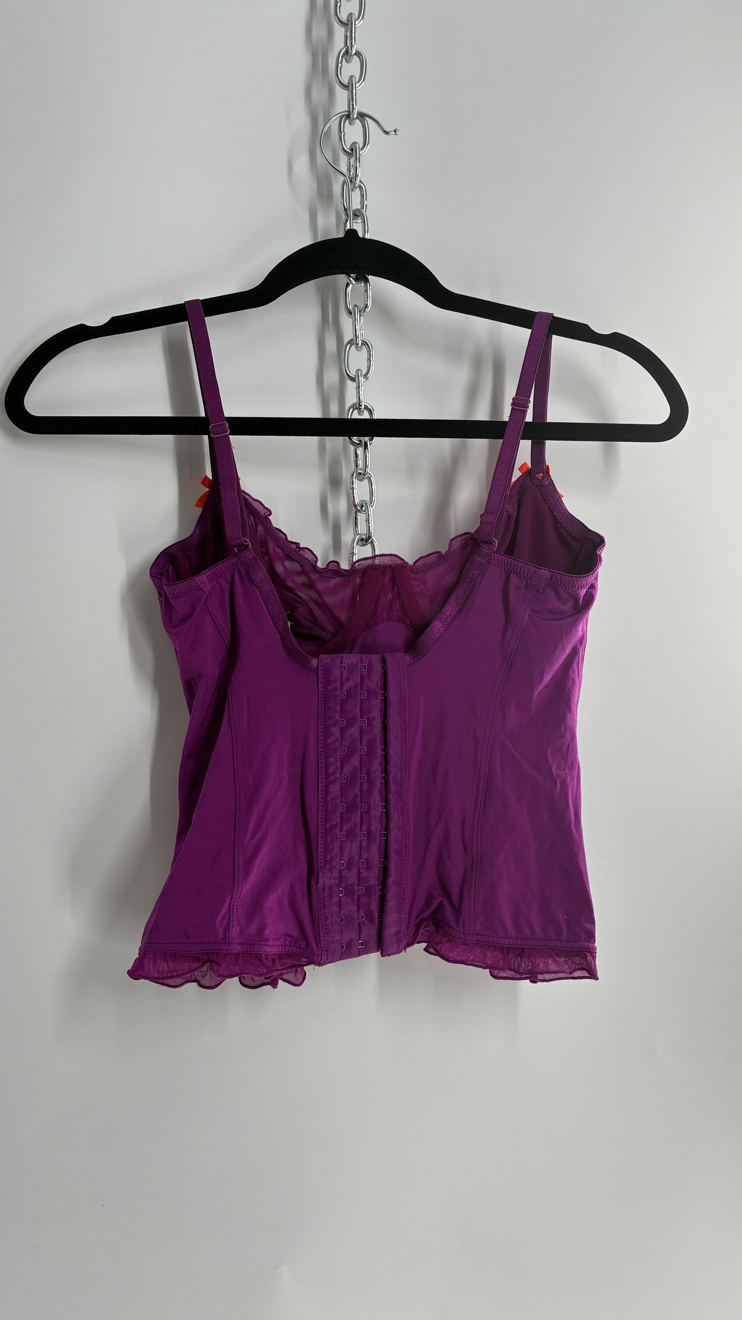 Vintage 1990s Purple Underwire Camisole Top with Sheer Ruffled Trim and Contrast Bow (Small)