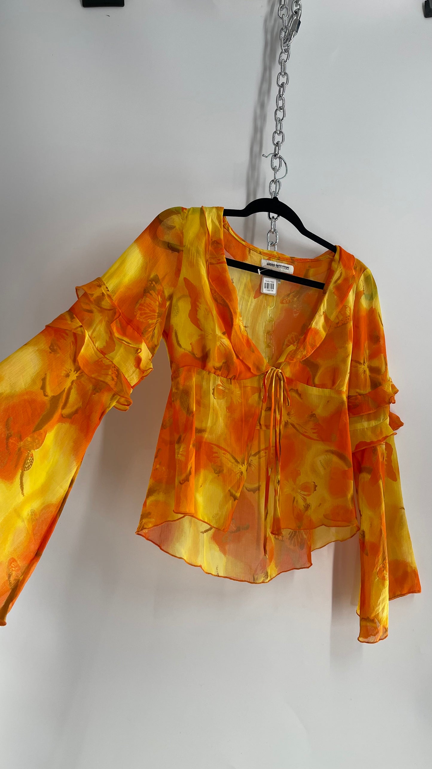 Urban Outfitters Orange Yellow Tie Bust Bell Sleeve Blouse (Small)