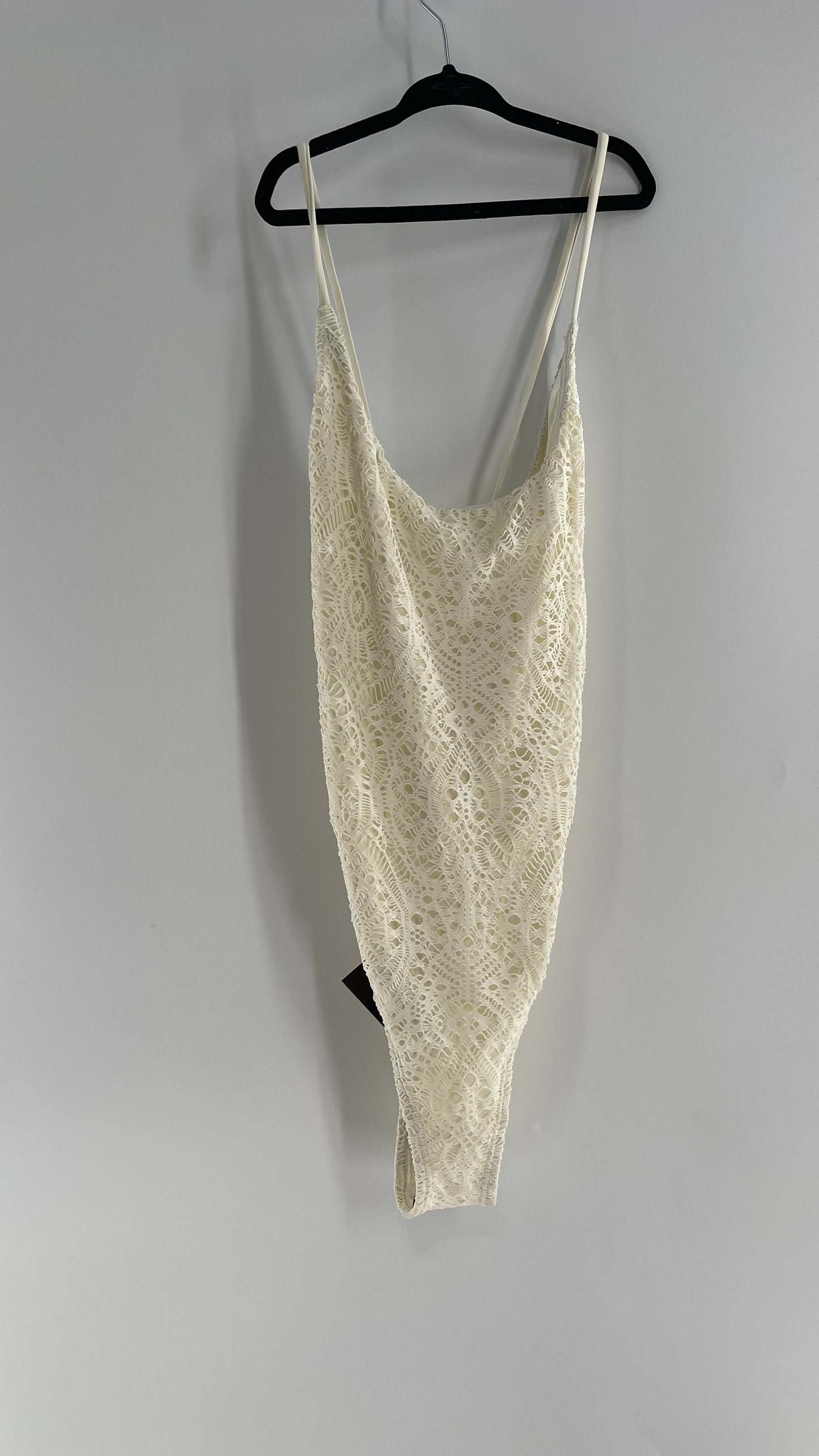 Urban Outfitters White Lace/Crochet Swimsuit with Lace Up Open Back (Medium)
