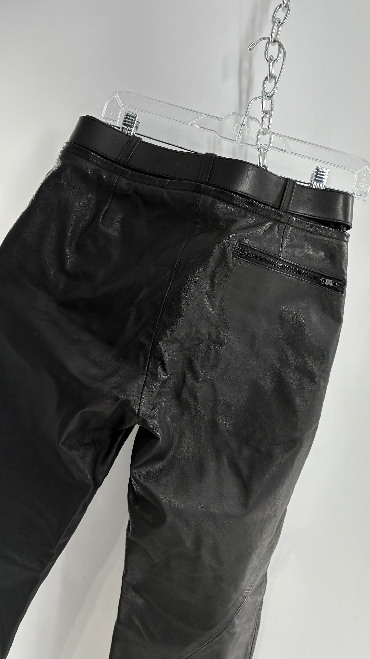Vintage Black Italian Leather Motorcycyle Pants with Built In Belt and Zipper Detailing (XS)