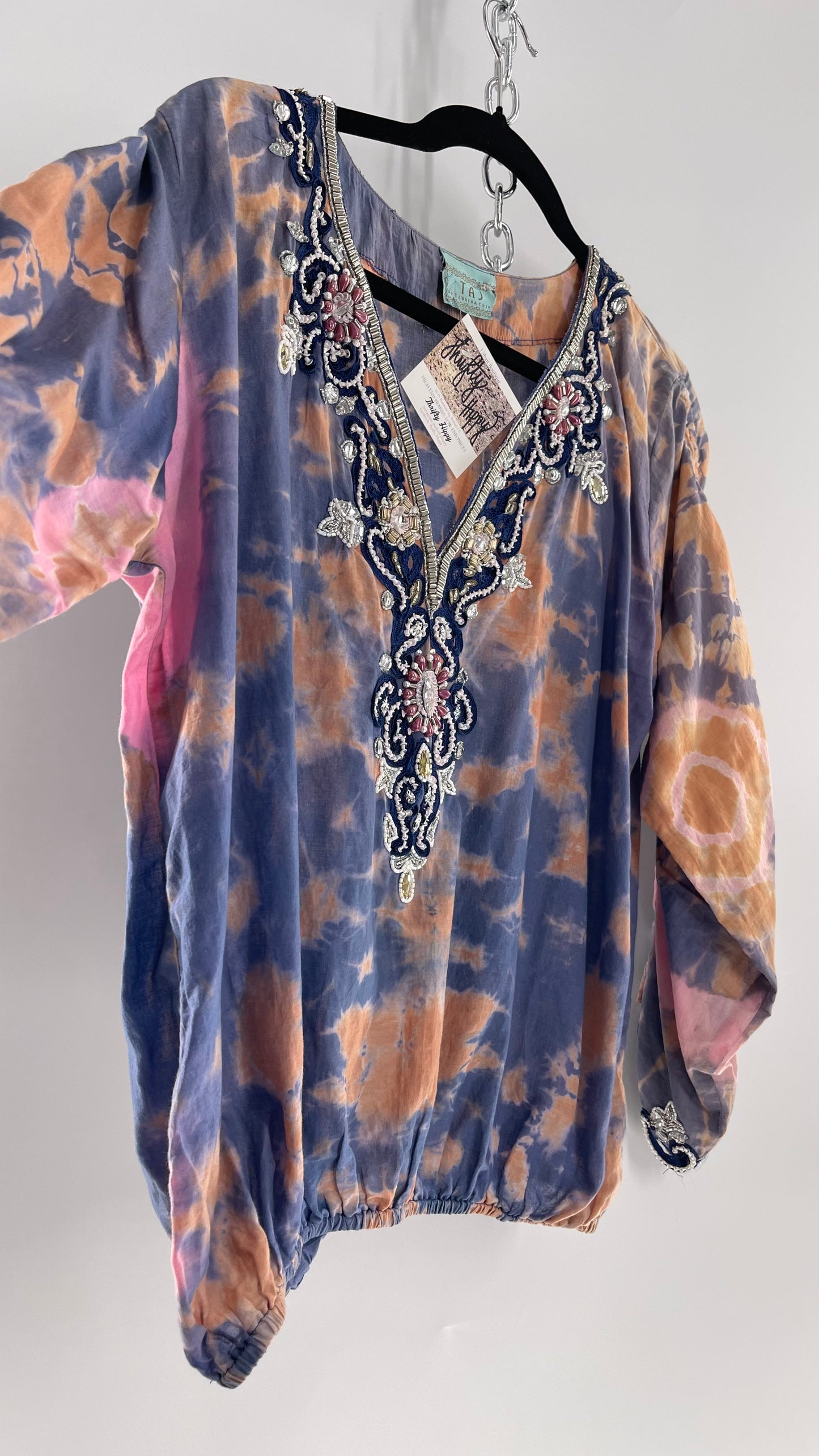 TAJ by Sabrina Crippa Tie Dye Blouse with Gemstone Encrusted Neckline and Ruched Beaded Sleeves (S/M)