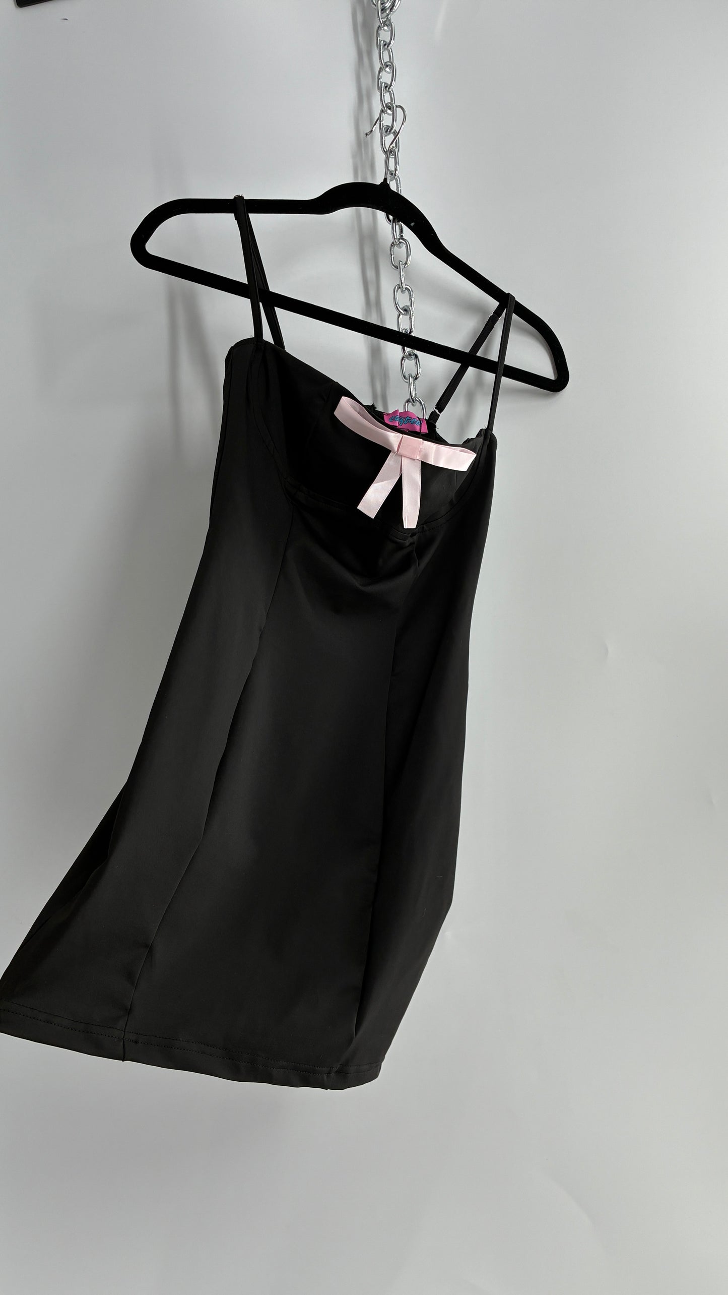 Edikted Black Satin Underbust Panel Mini Dress with Baby Pink Bow and Tags Attached (XS)