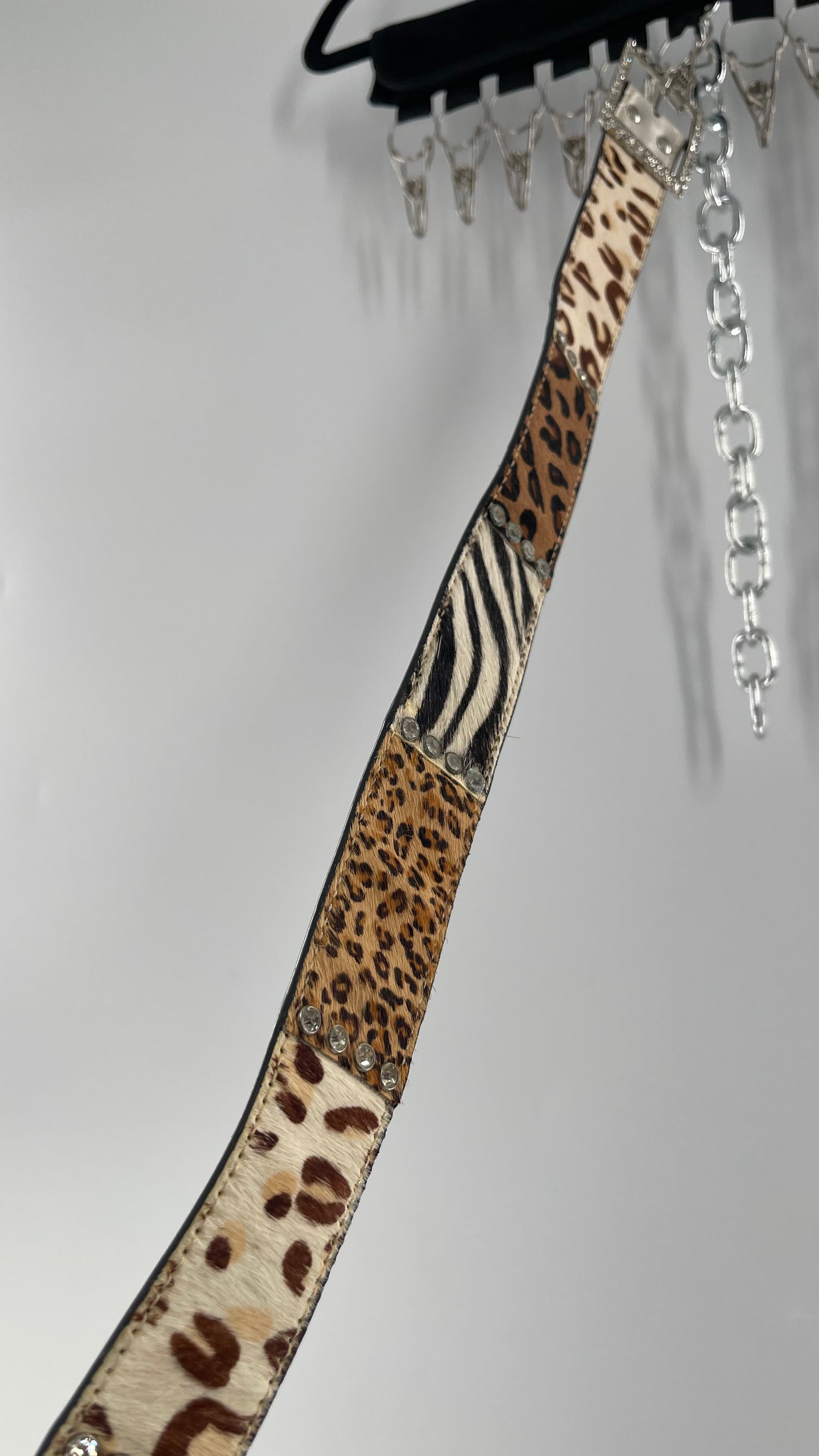 Vintage Pony Fur Animal Print Patchwork Belt with Rhinestone Buckle and Embellishments (Medium)