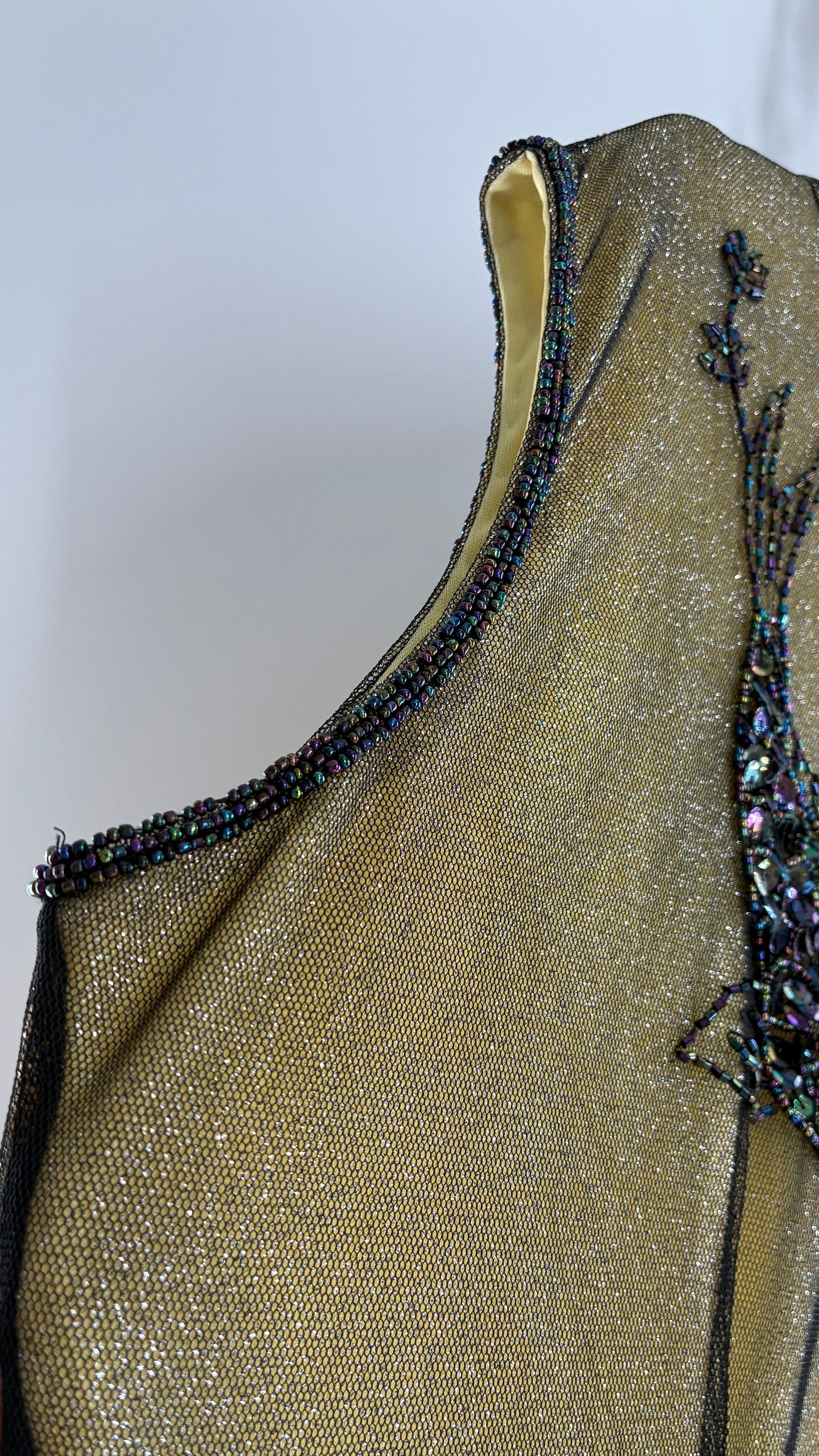 Vintage 1990s One of a Kind Handmade, Green Gown with Beaded Koi Fish, Metallic Tulle Overlay, and Symmetric Back (Medium)