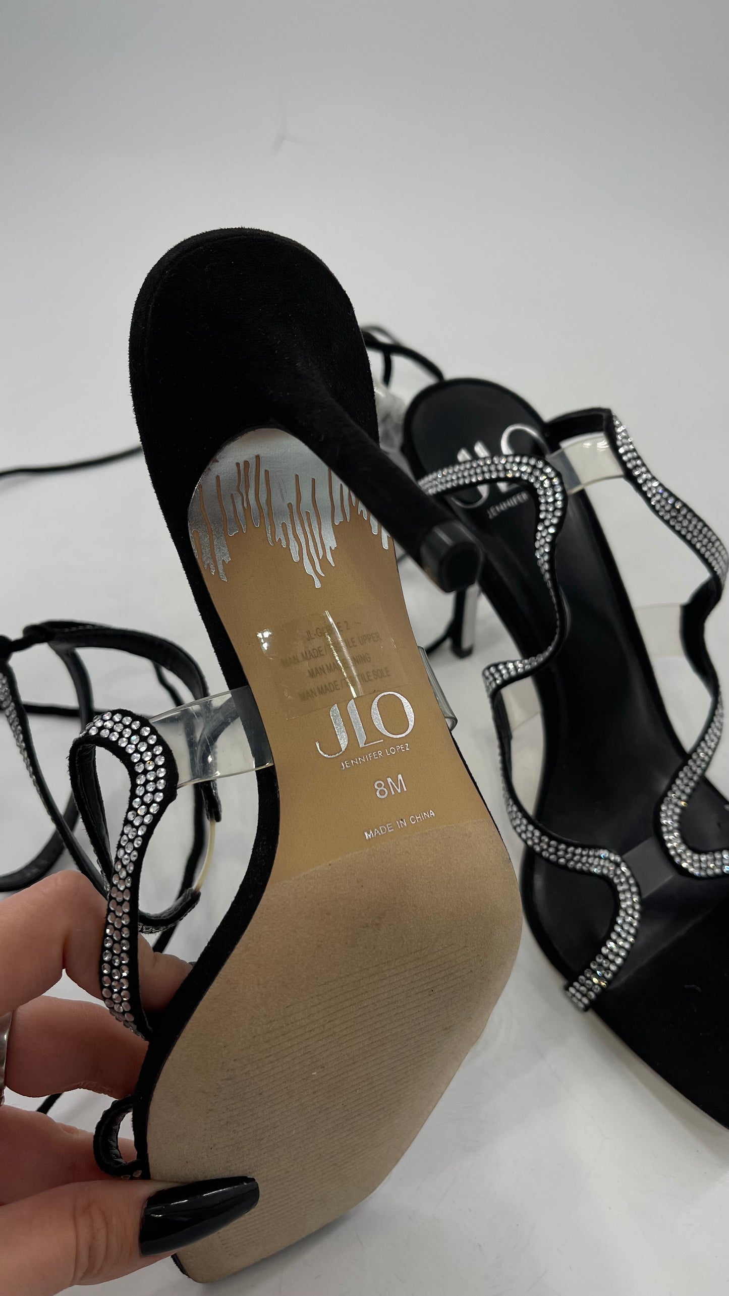 JLO Black Square Toe Rhinestone Wrap Around Tie Up Heel (8)