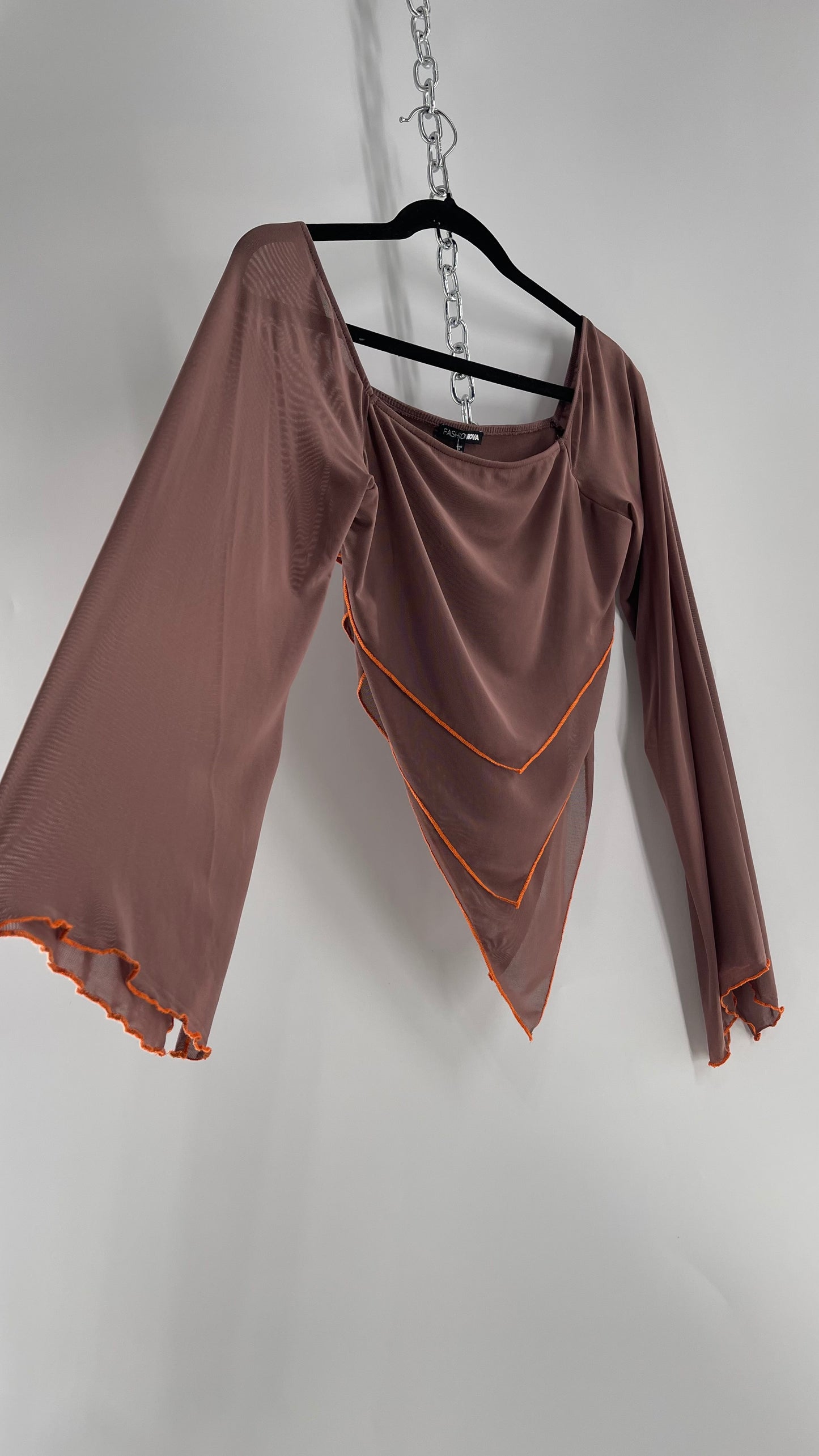 Fashion Nova Brown Mesh Pointed Hem Blouse with Bell Sleeves and Orange Contrast Stitch