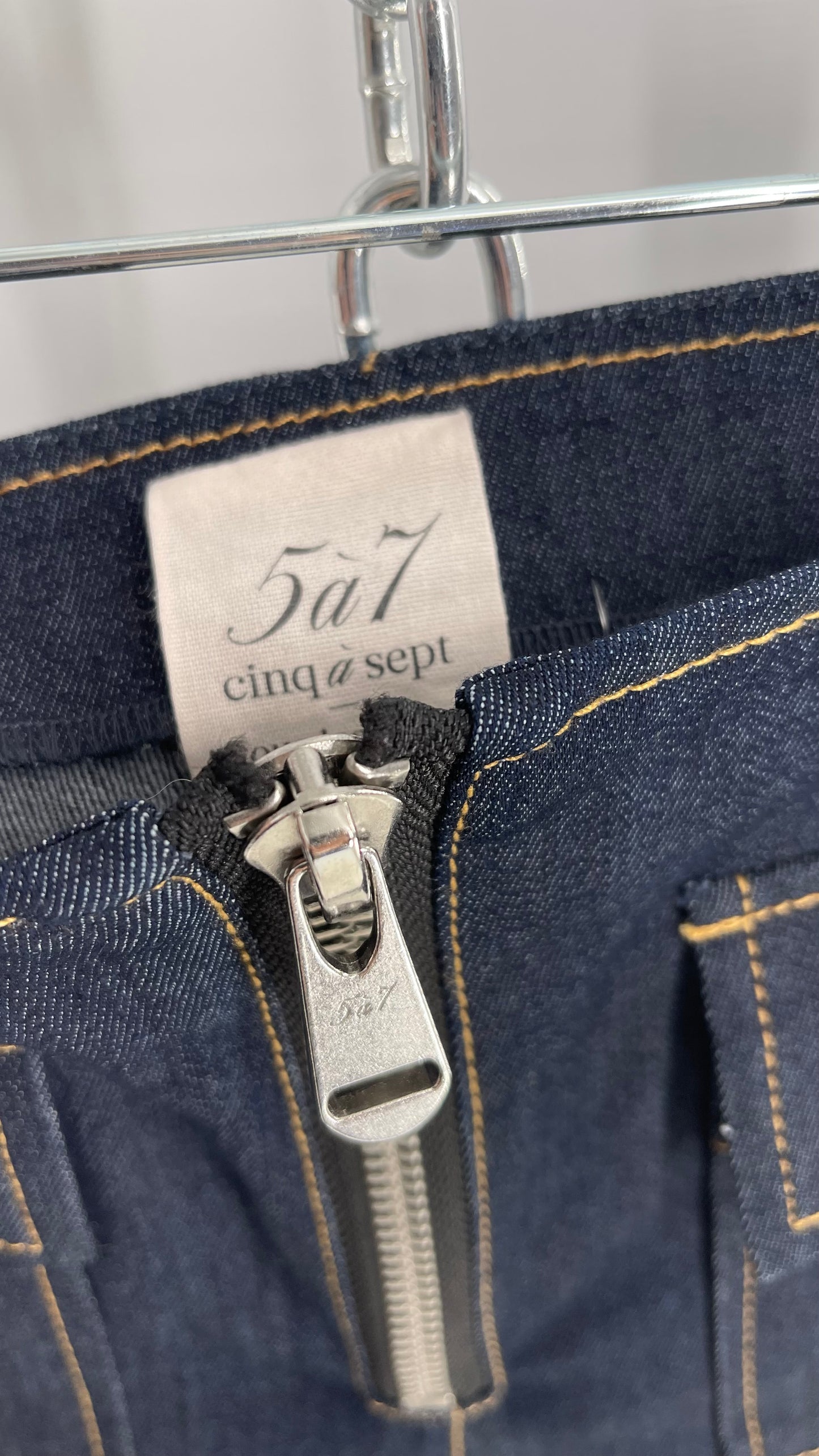 Cinq a Sept Azure Dark Wash Denim, Zip Front, Pocketed Cropped Wide Legs (2)