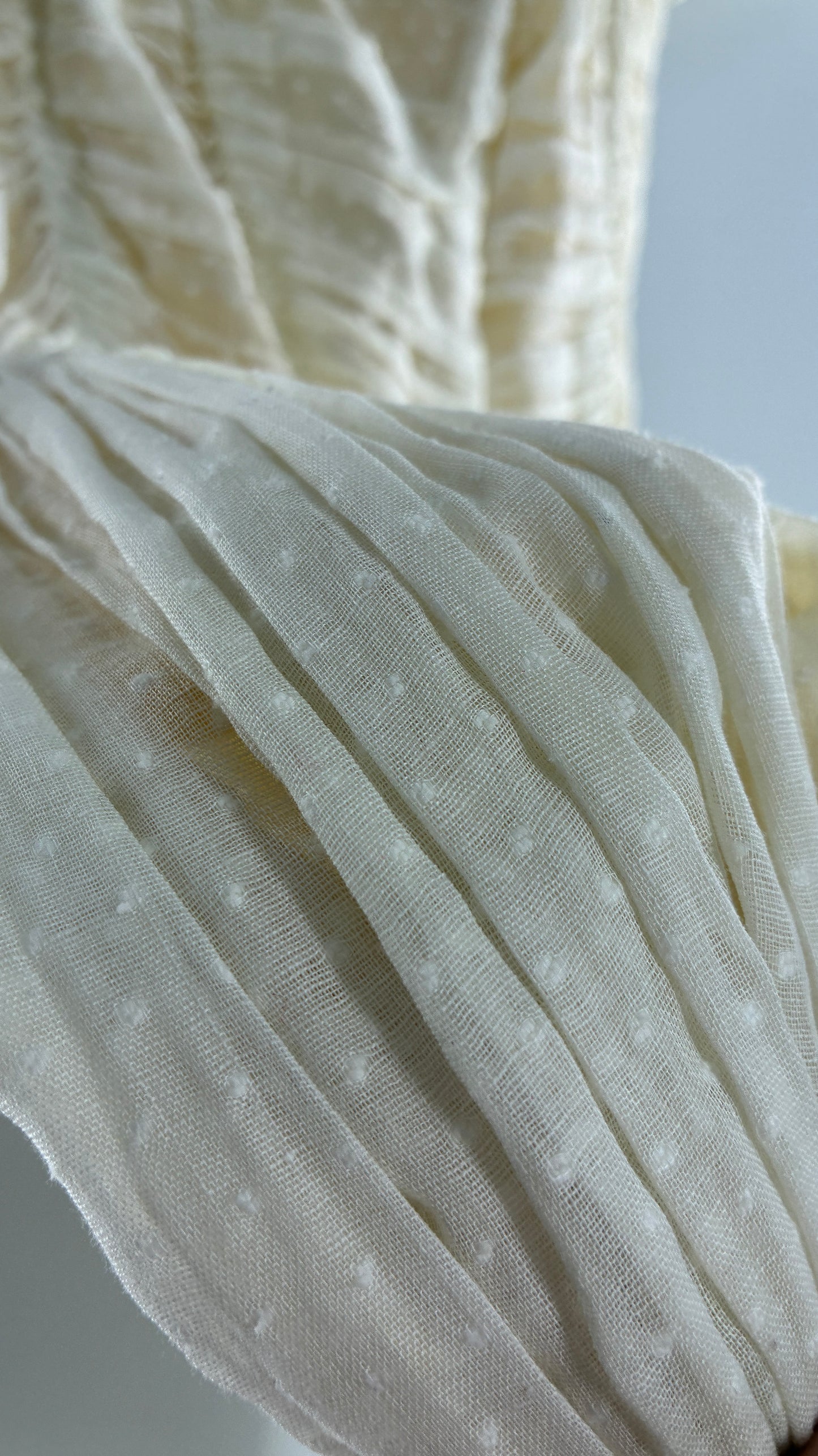 Vintage 1970s Off White Cotton Handmade Maxi Dress with Ruched Bodice, Puff Sleeves, and Polka Dot Texture (XS/S)