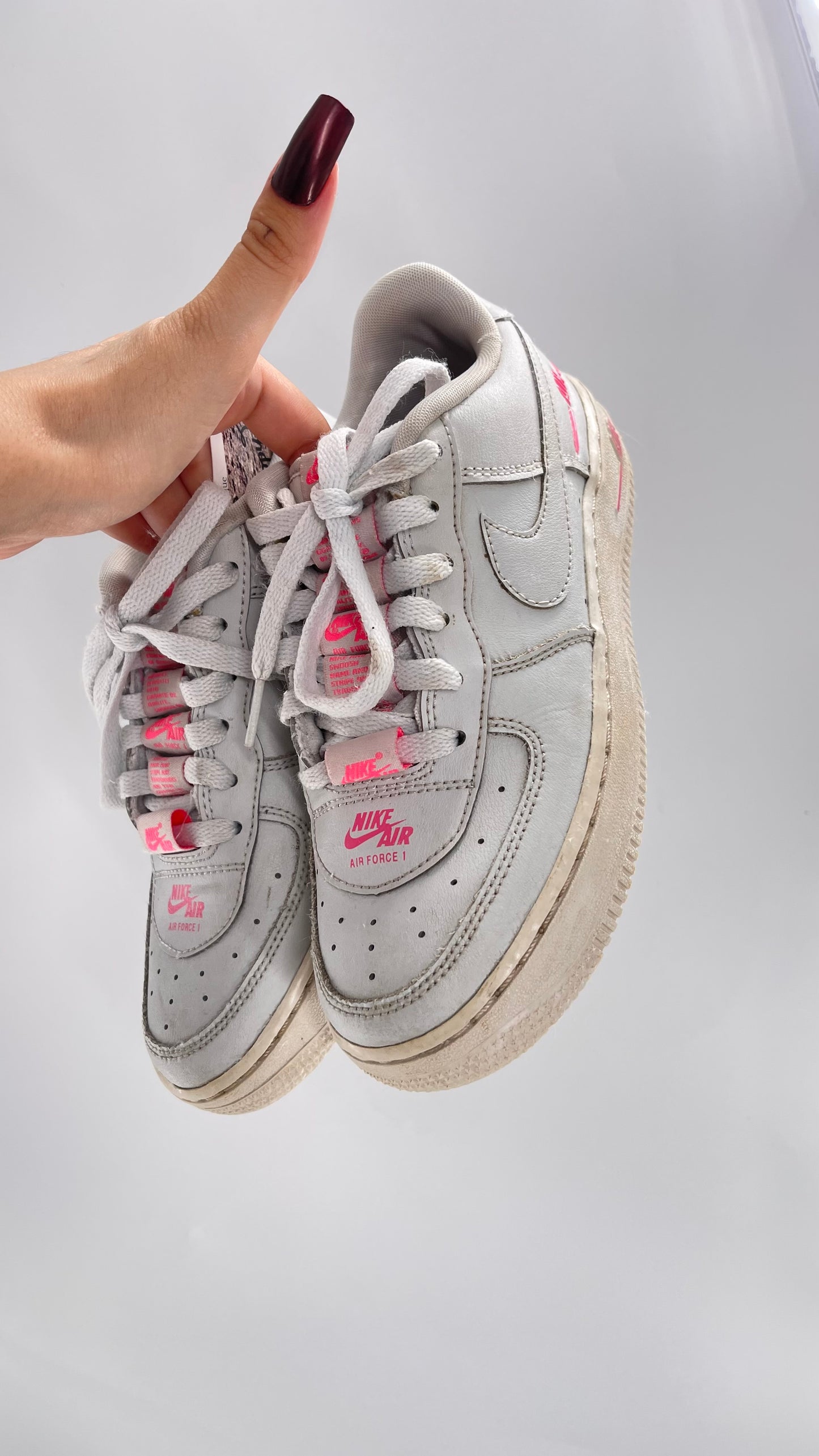 Custom Nikes Worn White with Tags on Laces and Neon Pink Details (4Y)
